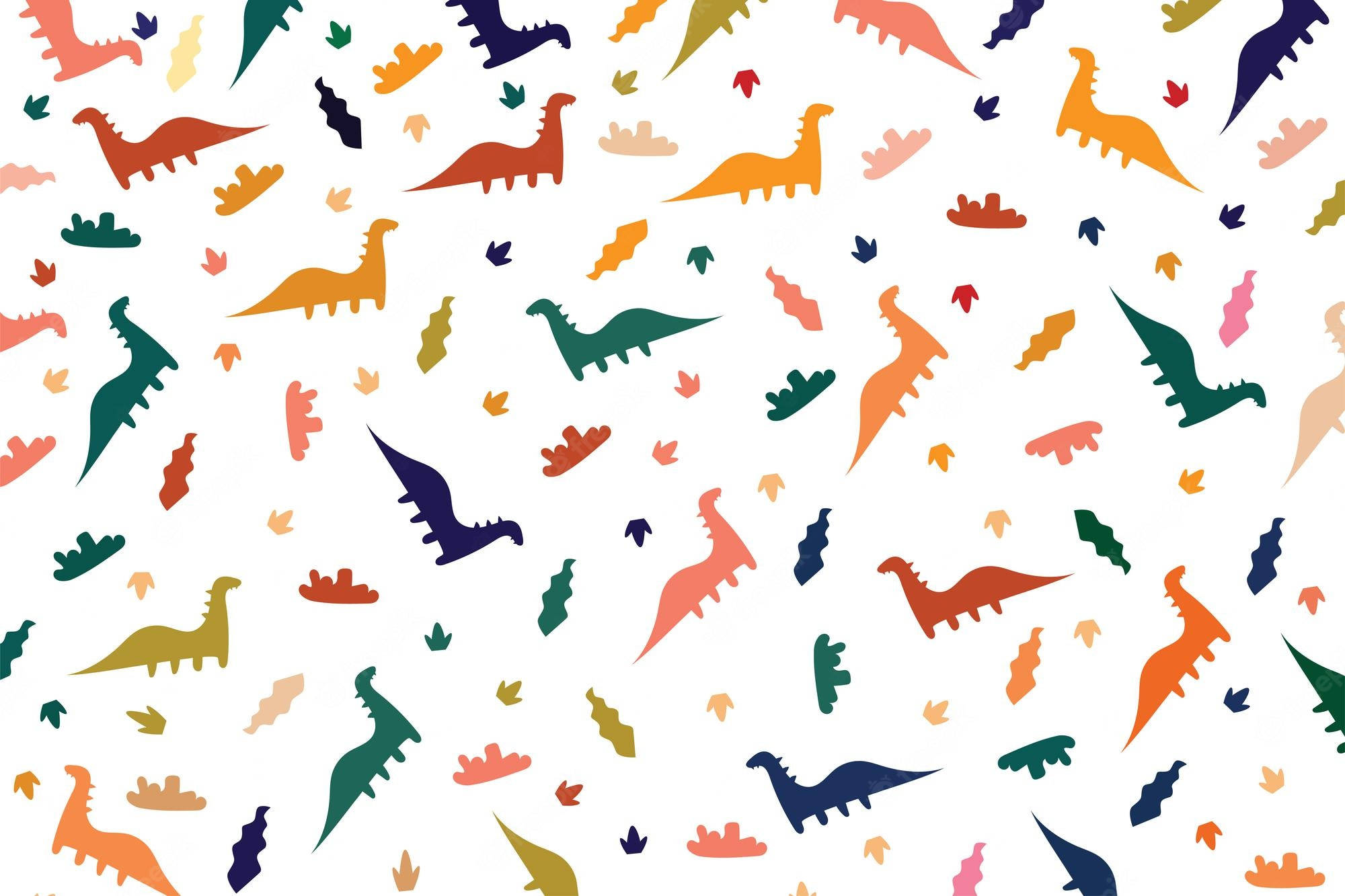 Cute Dinosaur Pattern 桌布 壁紙 — 色彩繽紛的恐龍剪影散落在潔白背景上，形成俏皮的抽象圖案。