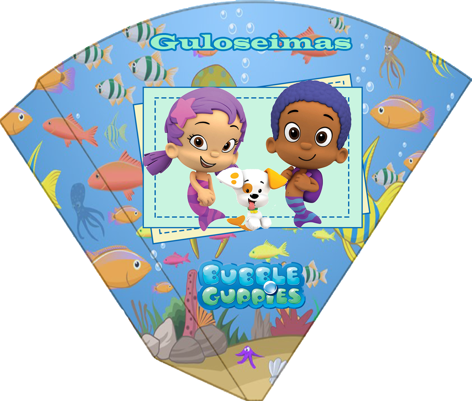 泡泡小隊 桌布 壁紙 — 色彩繽紛的扇形派對橫幅，上面有 Bubble Guppies 的卡通角色在魚和珊瑚之間游泳。