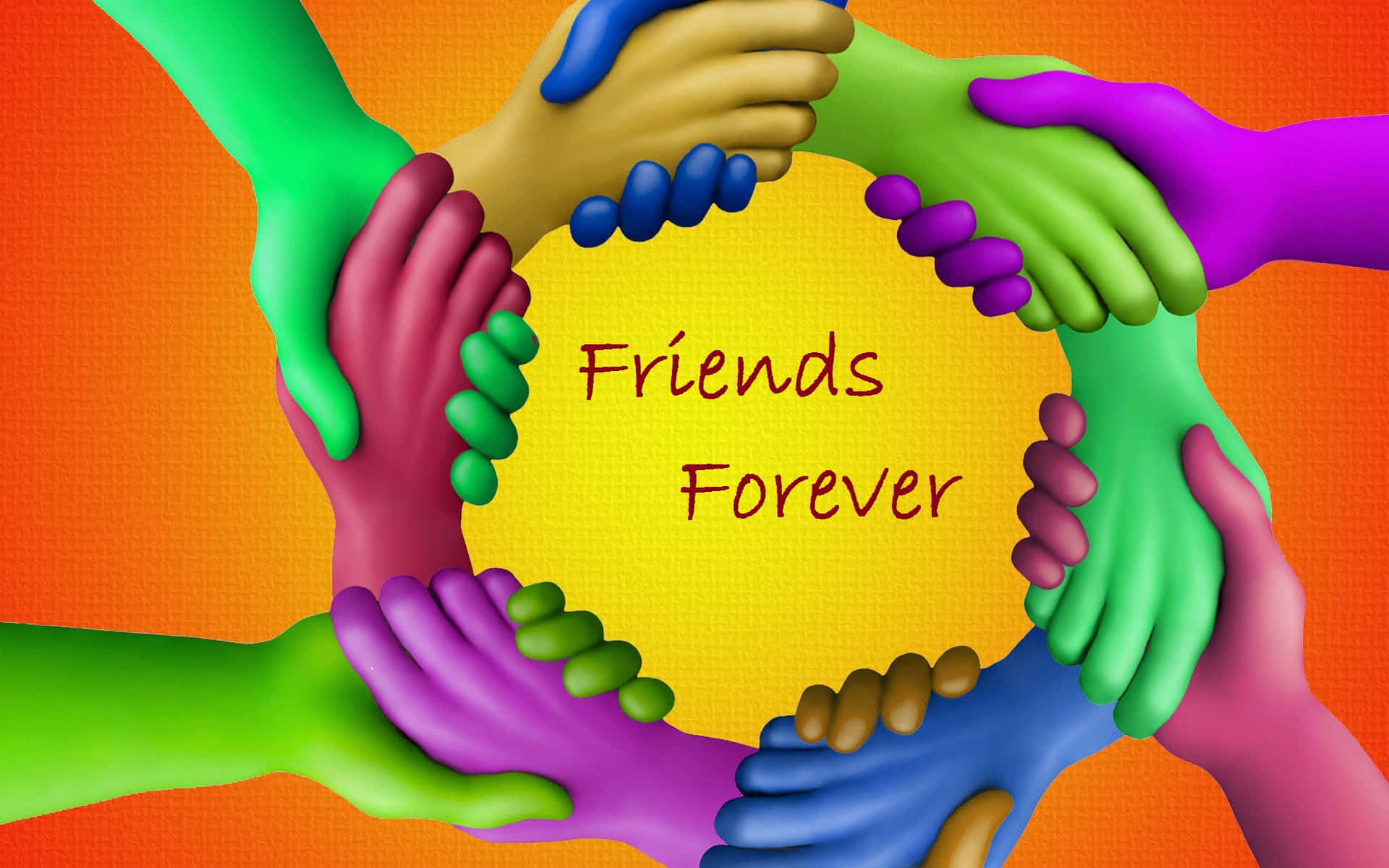 Friendship 桌布 壁紙 — 色彩繽紛的手在溫暖的橙色背景上圍繞著「Friends Forever」文字形成一個圓圈。