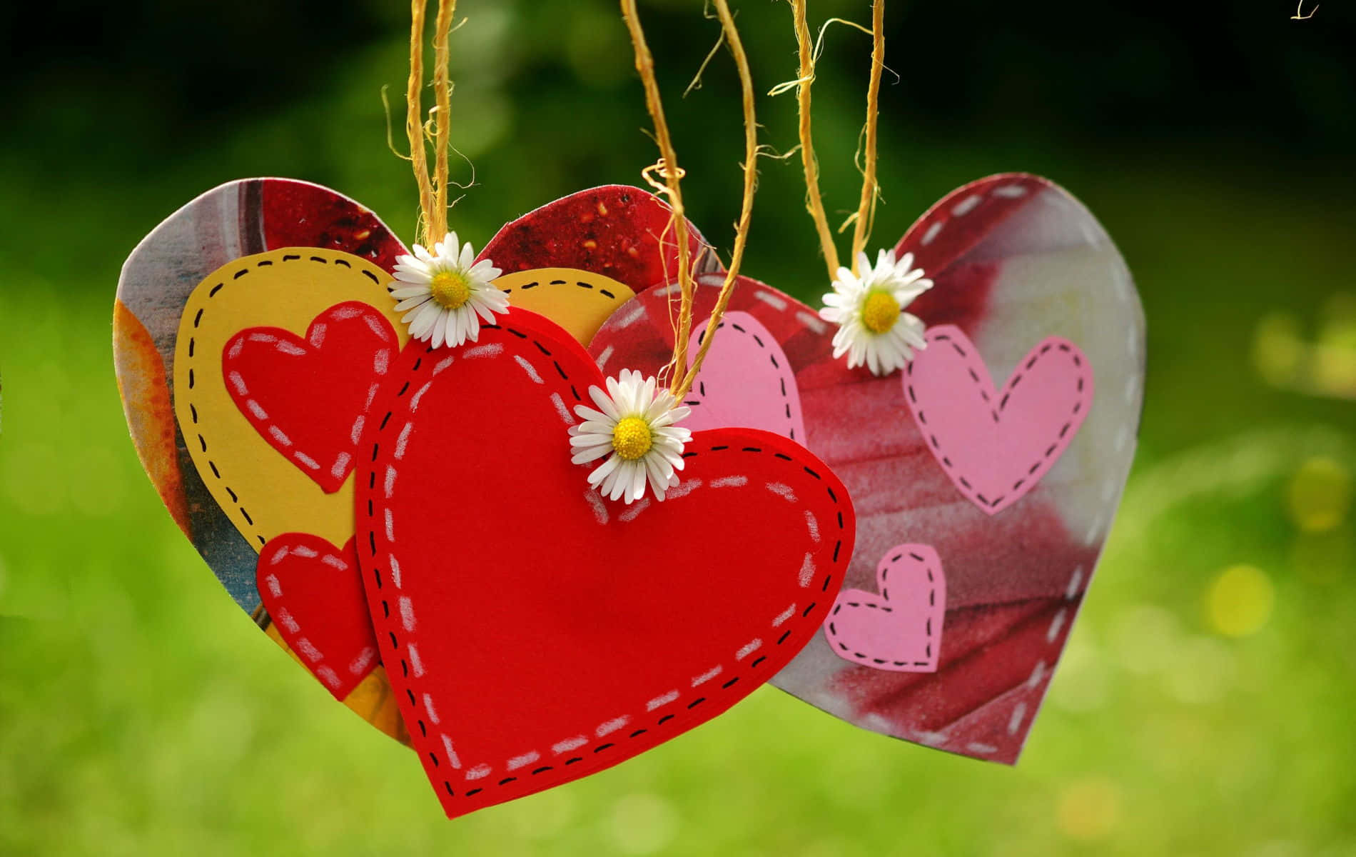 Cute Hearts 桌布 壁紙 — 色彩繽紛的手工心形裝飾配上雛菊，懸掛在柔和的綠色模糊背景前。