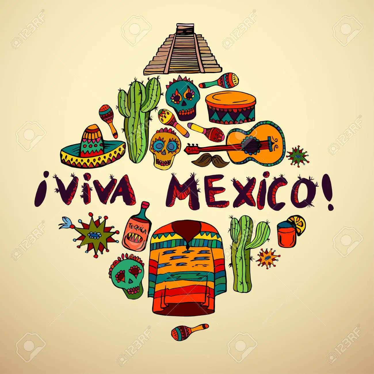 Viva Mexico 桌布 壁紙 — 色彩繽紛的手繪墨西哥文化圖標，如骷髏頭、仙人掌和吉他，圍繞著「¡Viva Mexico!」文字形成節日心形。