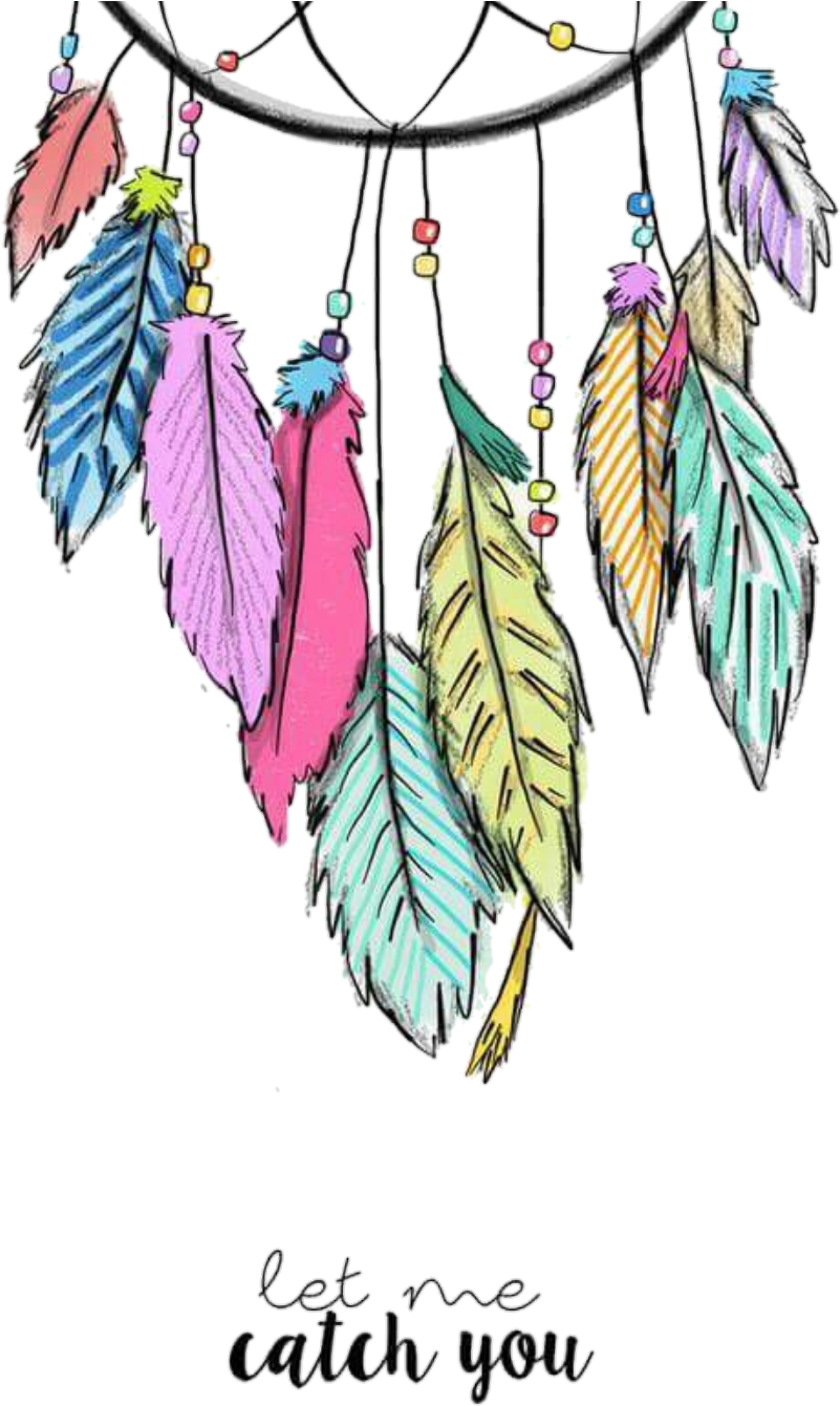Feather 桌布 壁紙 — 色彩繽紛的手繪捕夢網，帶有多色羽毛和珠子，襯托在純黑背景上。