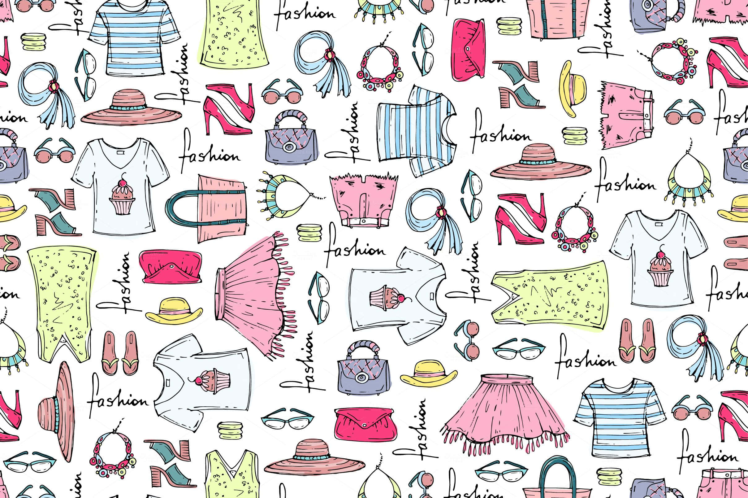 Clothes 桌布 壁紙 — 色彩繽紛的手繪時尚物品圖案，如鞋子、帽子和包包，散落在白色背景上。