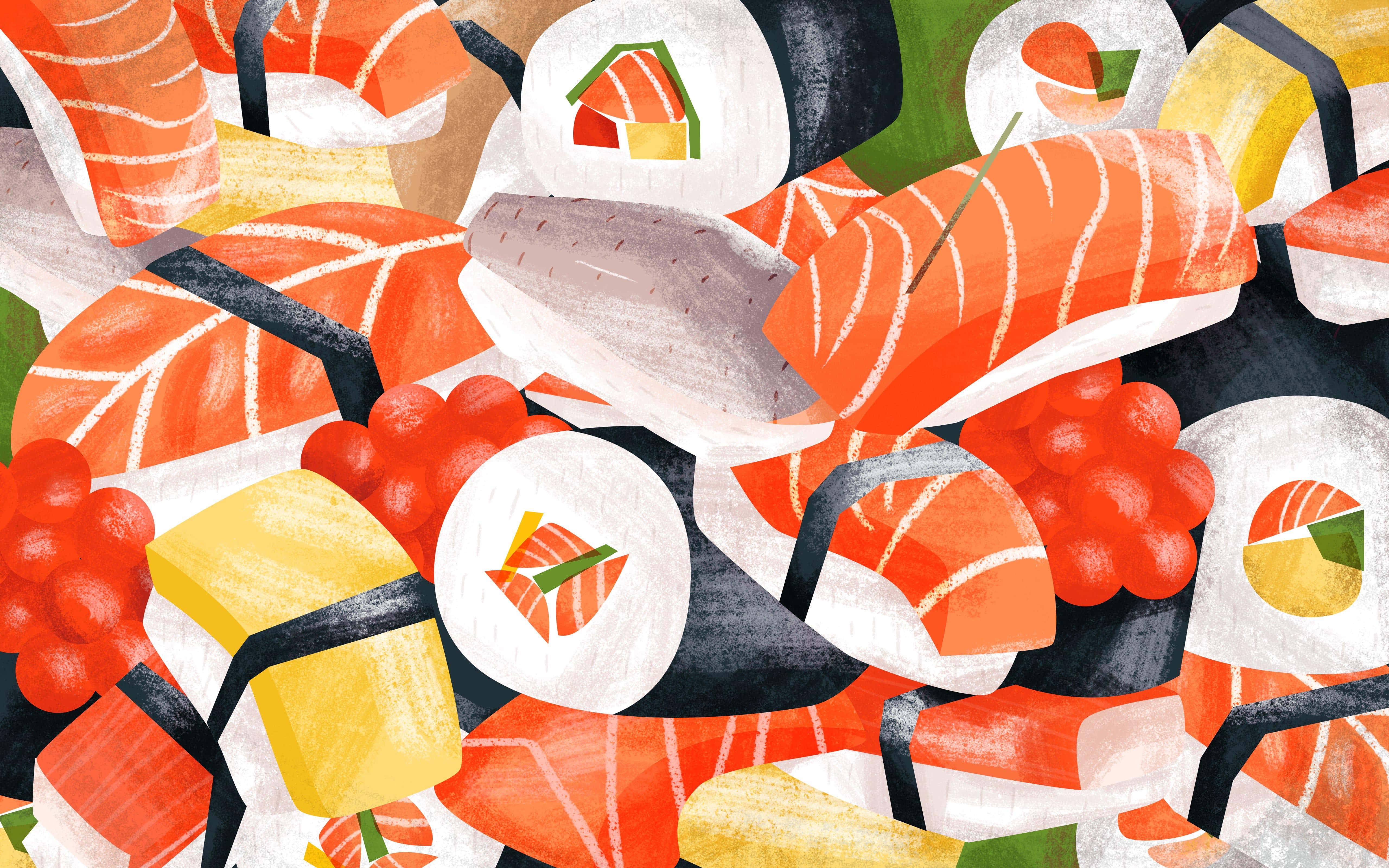 Sushi 桌布 壁紙 — 色彩繽紛的抽象圖案中排列著各種壽司，包括鮭魚握壽司和玉子捲的生動插圖。
