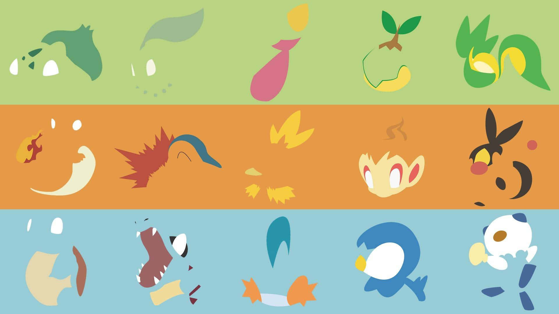 Charmander 桌布 壁紙 — 色彩繽紛的抽象桌布，以綠色、橙色和藍色三條水平帶狀排列的風格化寶可夢剪影。