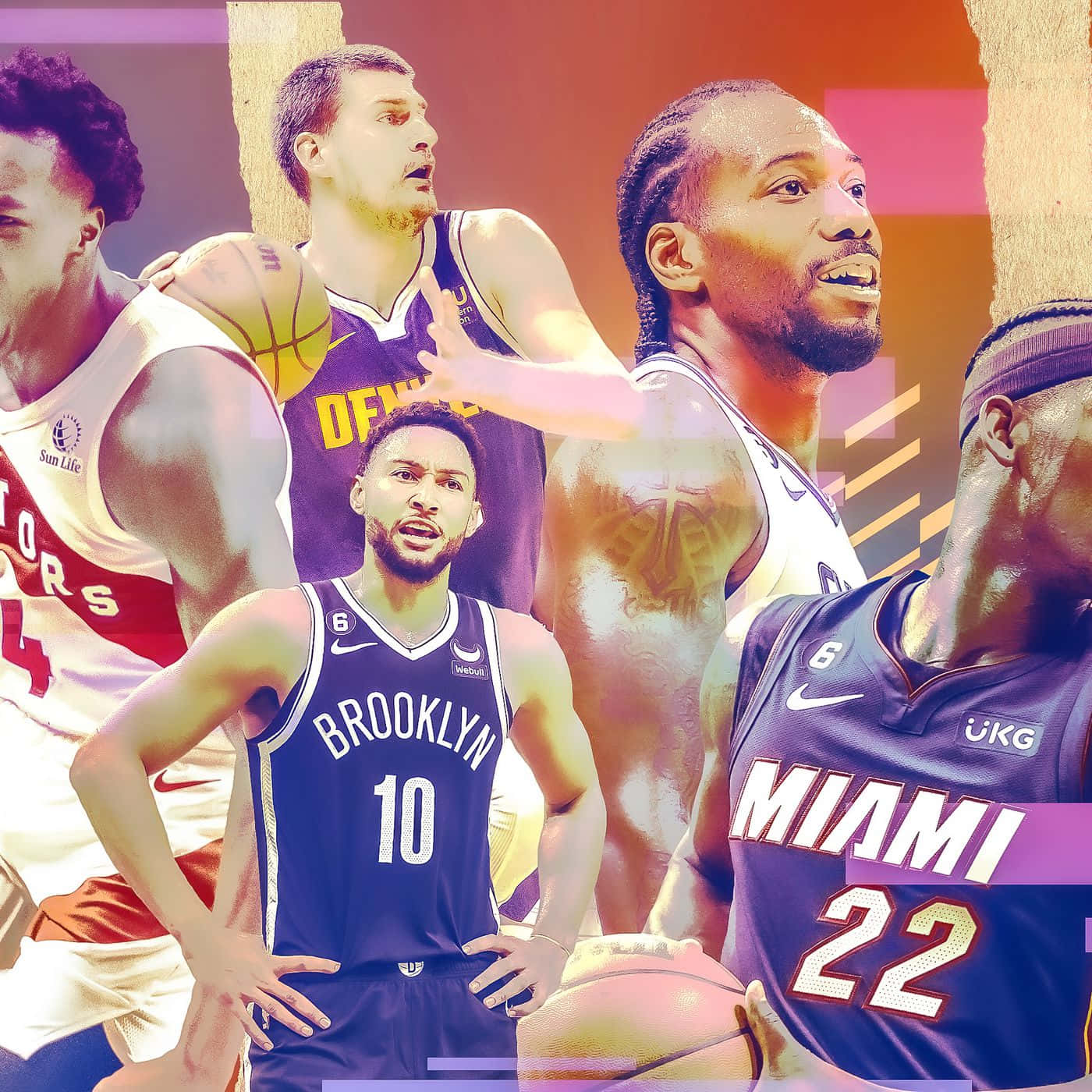 籃球 桌布 壁紙 — 色彩繽紛的抽象背景上，NBA籃球運動員穿著球隊球衣擺出動作姿勢的充滿活力的拼貼畫。