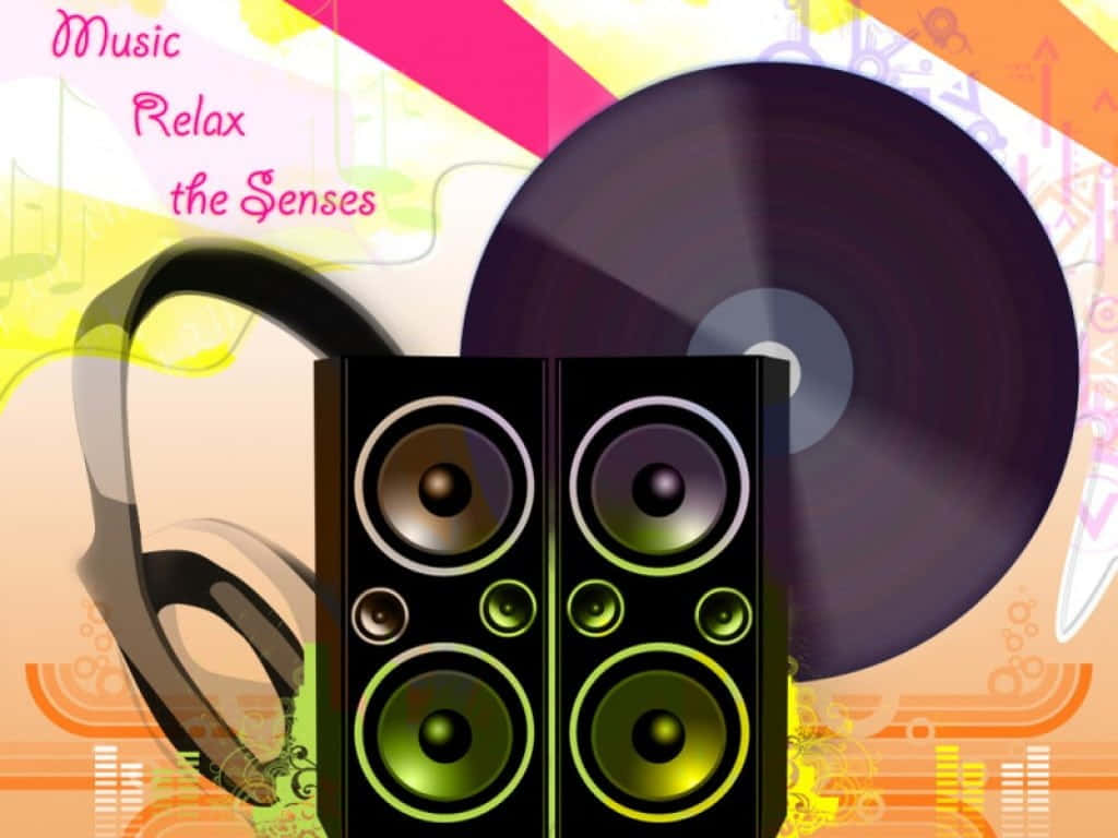 Speaker 桌布 壁紙 — 色彩繽紛的抽象背景上，耳機和揚聲器旁邊有一張黑膠唱片的生動數位插圖。