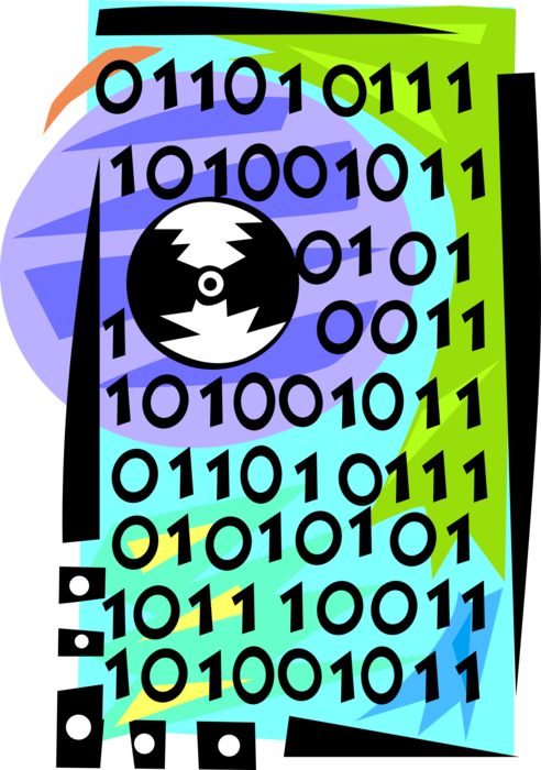 Binary 桌布 壁紙 — 色彩繽紛的抽象背景上，被二進制代碼包圍的CD的鮮豔數位插圖。