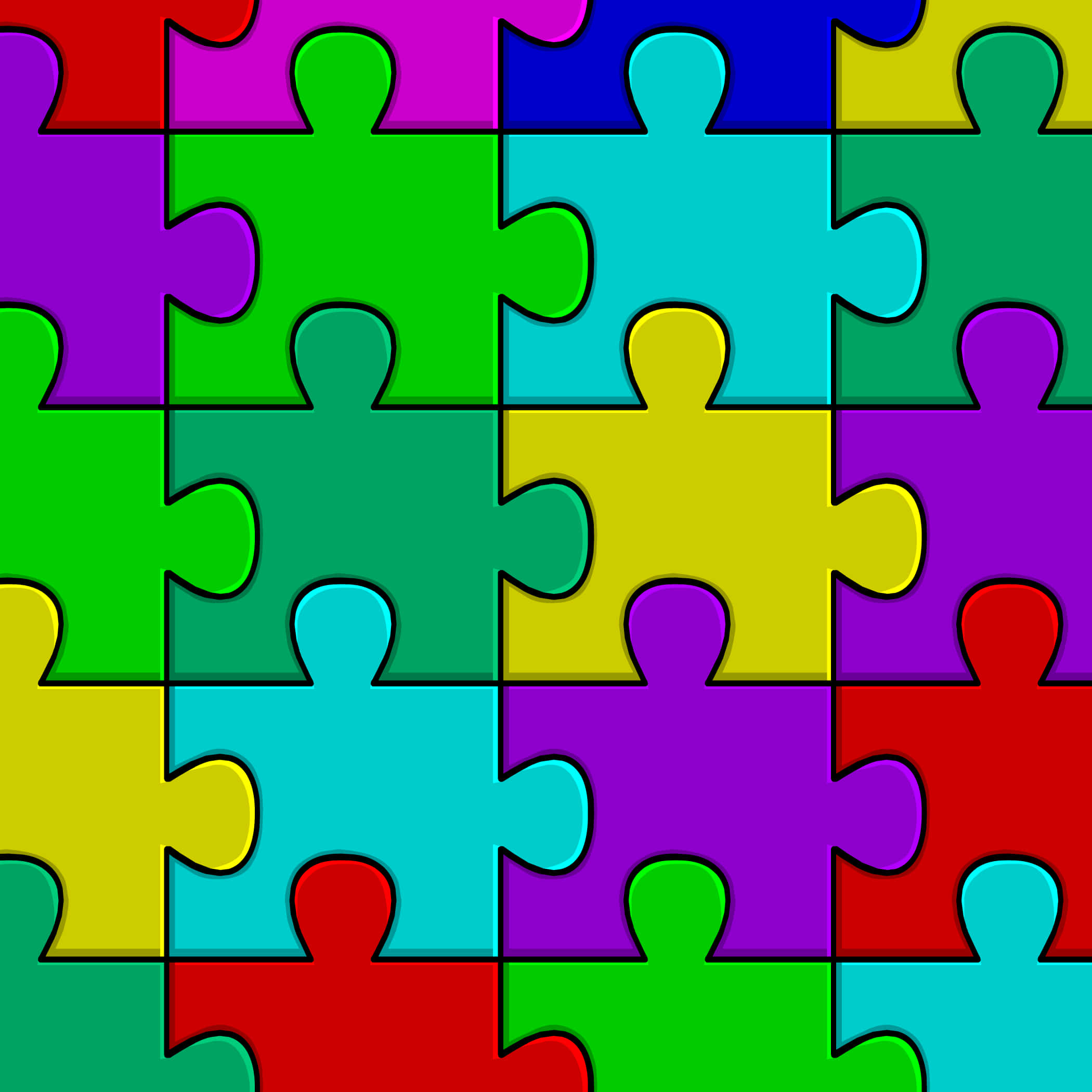 Puzzle 桌布 壁紙 — 色彩繽紛的拼圖塊形成無縫抽象圖案，帶有鮮明輪廓和飽和色調。