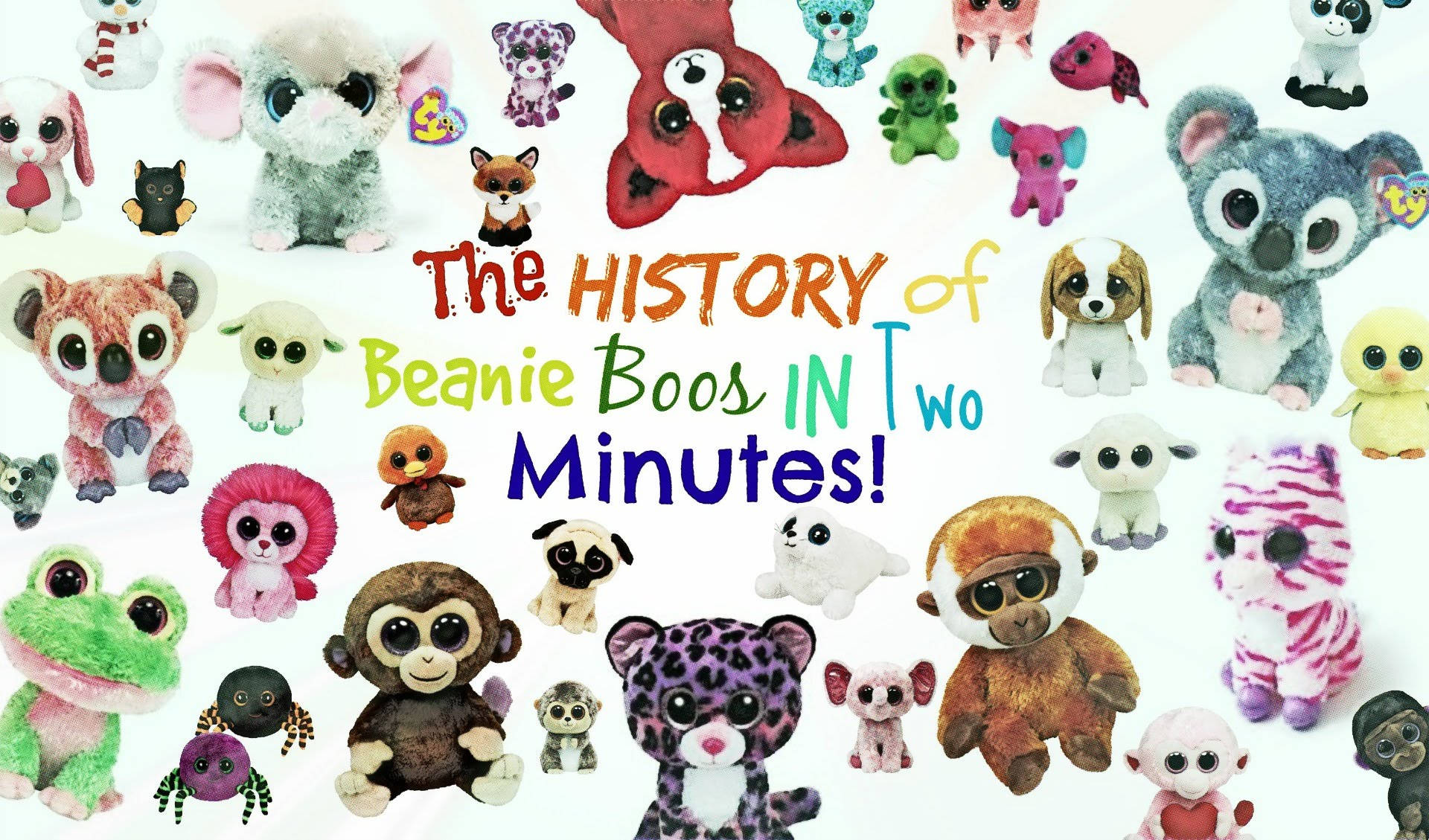 Beanie 桌布 壁紙 — 色彩繽紛的拼貼畫，由各種Beanie Boo毛絨玩具圍繞粗體文字「The HISTORY of Beanie Boos IN Two Minutes!」排列而成