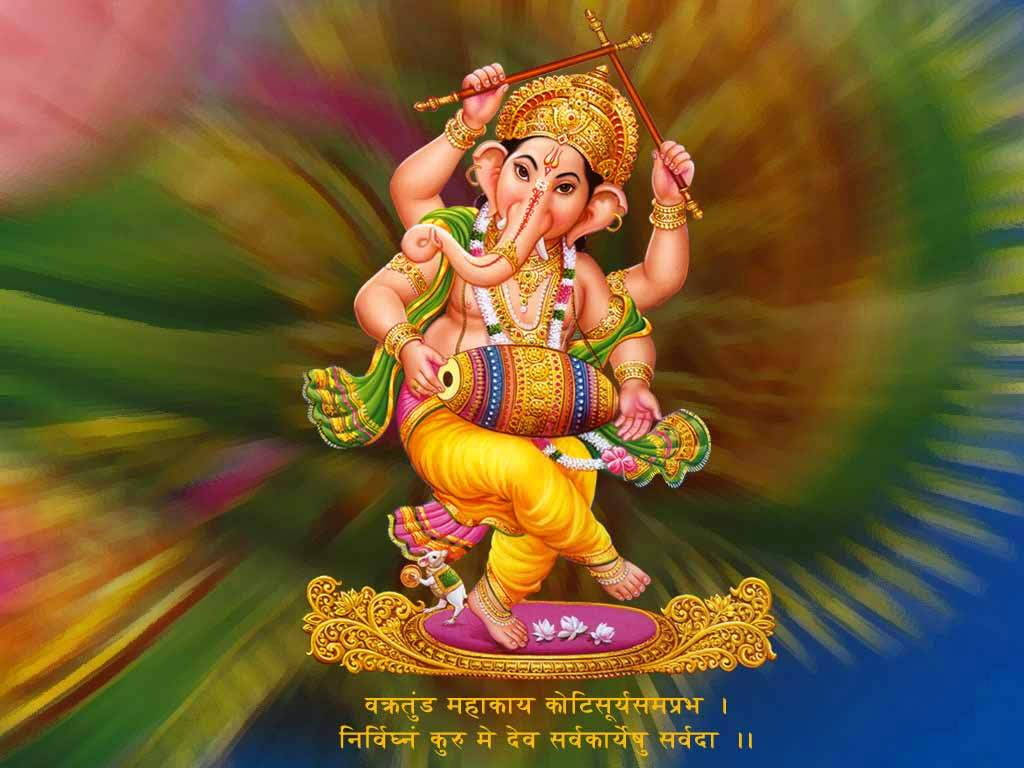 cute ganesha 桌布 壁紙 — 色彩繽紛的插圖，描繪象頭神跳舞，手持長笛和鼓，背景是絢麗多彩的。