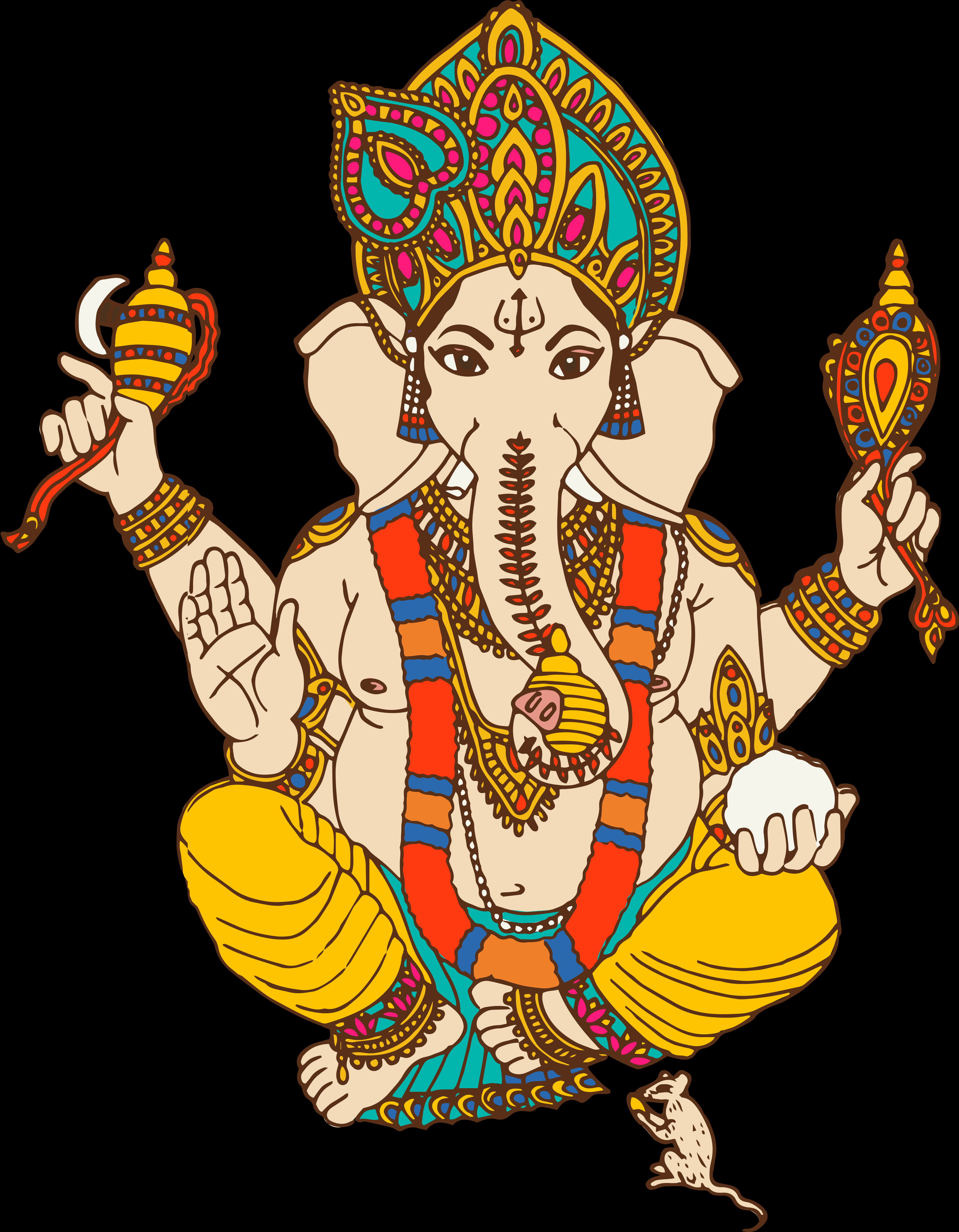 Hindu God 桌布 壁紙 — 色彩繽紛的插圖印度教神祇象頭神伽內什，象頭飾有珠寶，手持象徵物品，背景為黑色。