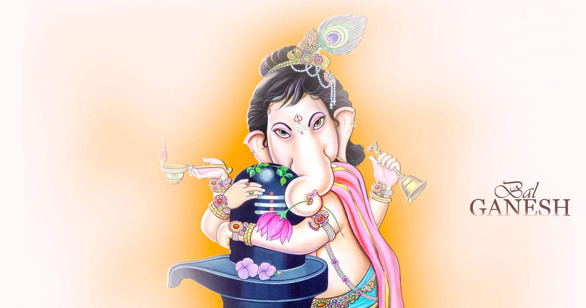 Hindu God 桌布 壁紙 — 色彩繽紛的插圖小象神伽內什，象頭，手持鈴鐺和燈，坐在蓮花裝飾的基座上，背景為溫暖的漸變色。