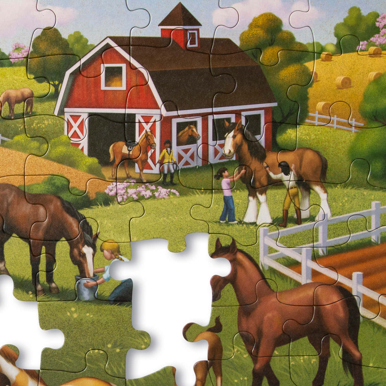 Puzzle 桌布 壁紙 — 色彩繽紛的插圖拼圖描繪了孩子和馬匹在陽光明媚的田園農場場景中圍繞著一個紅色穀倉。