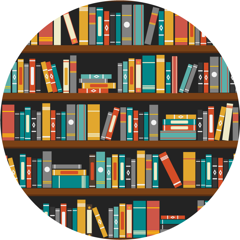 Bookshelf 桌布 壁紙 — 色彩繽紛的插圖書架的圓形視圖，裡面裝滿了直立和堆疊的書籍，裝訂各異。