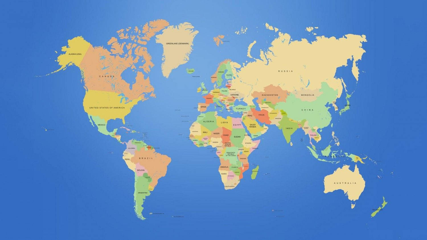 World 桌布 壁紙 — 色彩繽紛的政治世界地圖，在漸變藍色背景上標有國家名稱。