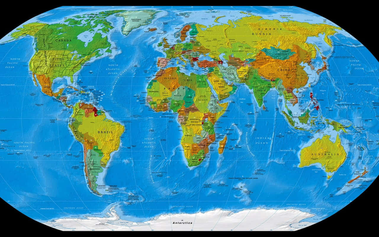 世界地圖 桌布 壁紙 — 色彩繽紛的政治世界地圖，大陸以不同色調呈現，海洋為藍色，並以黑色邊框框起。