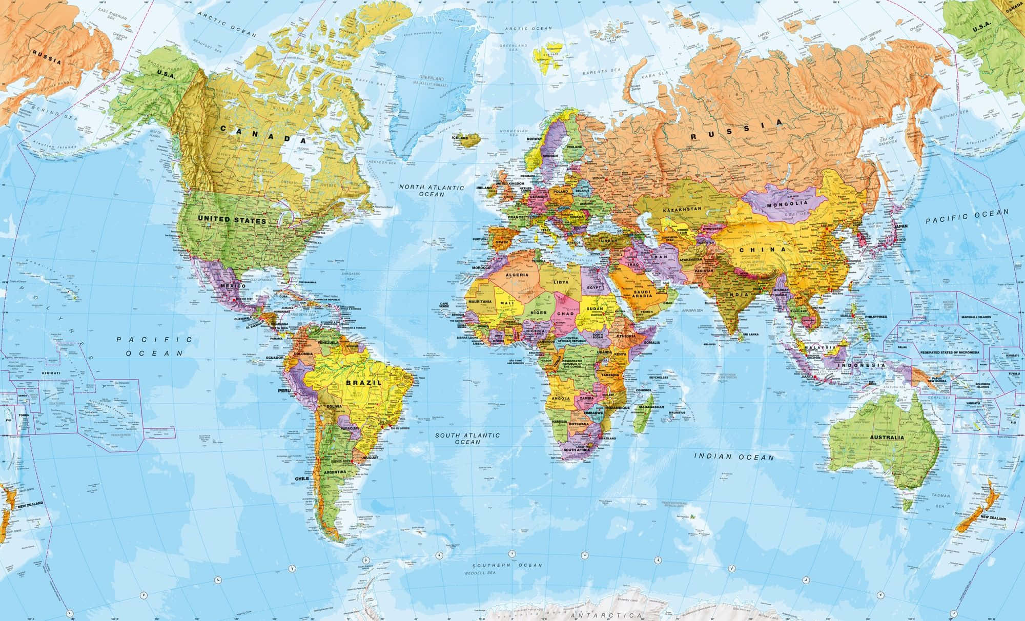 Map 桌布 壁紙 — 色彩繽紛的政治世界地圖，顯示各大洲、海洋和國家邊界，並附有清晰標籤。