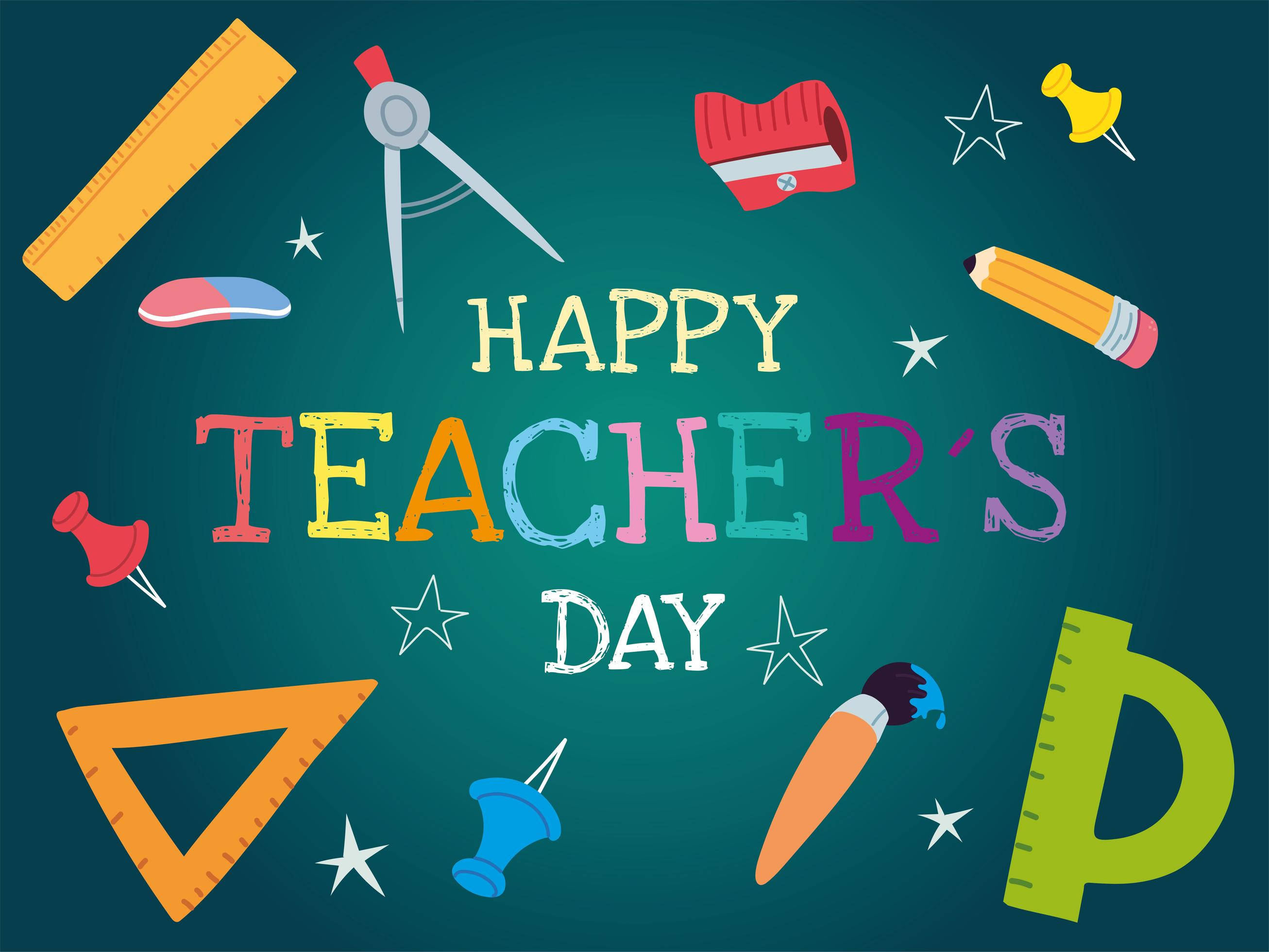 vector 桌布 壁紙 — 色彩繽紛的教室用品漂浮在一個愉快的「Happy Teacher's Day」訊息周圍，背景是青綠色的黑板。