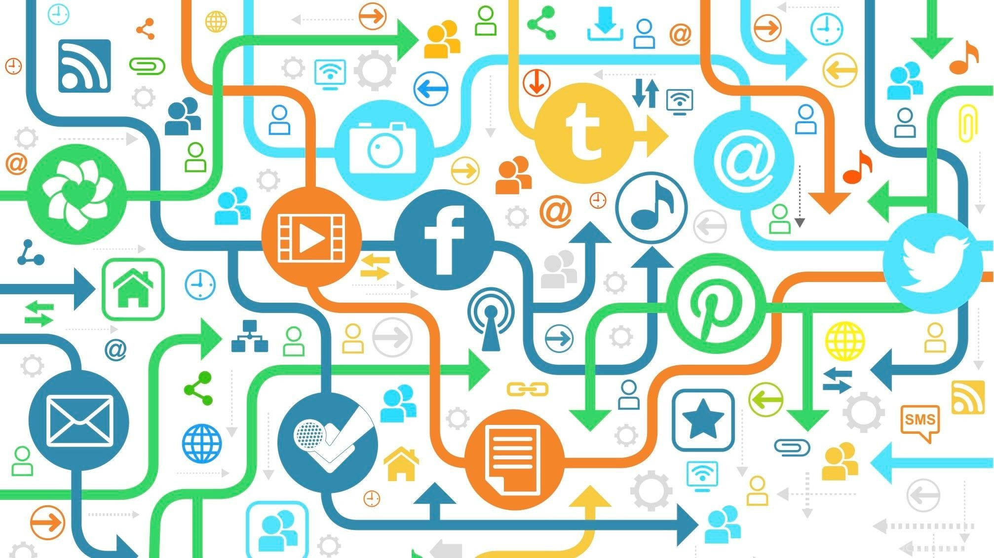 Social 桌布 壁紙 — 色彩繽紛的數位圖標和箭頭組成的生動網絡，展示相互連接的社交媒體和通訊平台。
