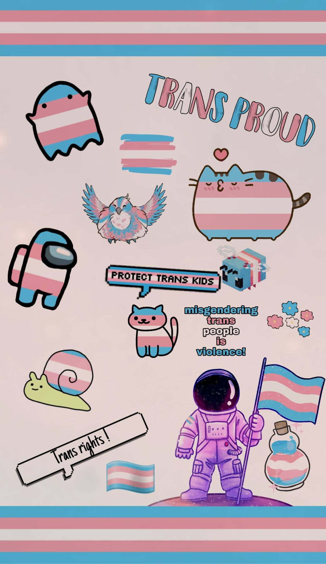 transgender 桌布 壁紙 — 色彩繽紛的數位拼貼畫，包含可愛的卡通角色和文字橫幅，全部採用跨性別旗幟的顏色，倡導跨性別權利。