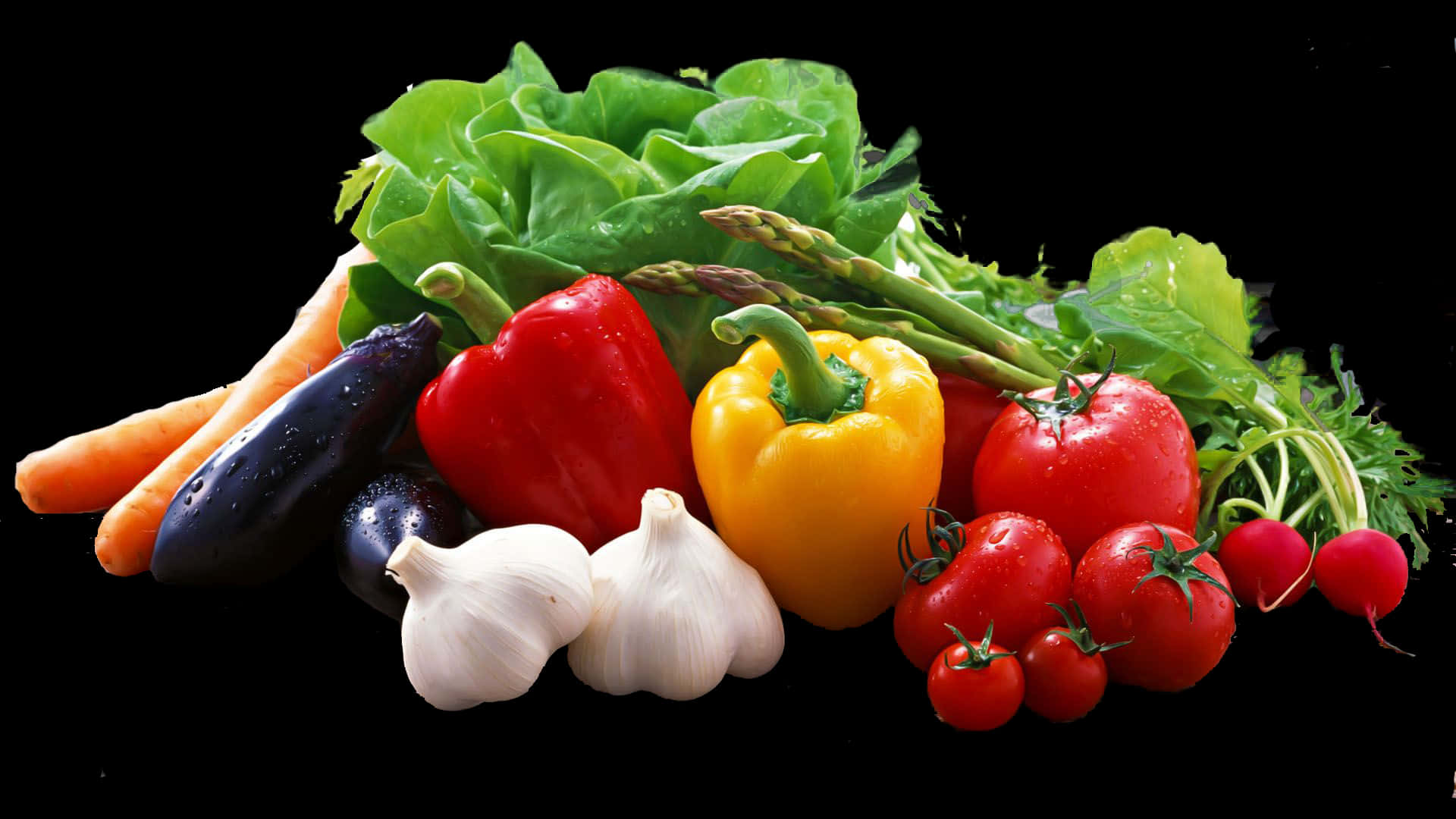 pepper 桌布 壁紙 — 色彩繽紛的新鮮蔬菜，包括番茄、甜椒、紅蘿蔔和大蒜，排列在純黑背景上。