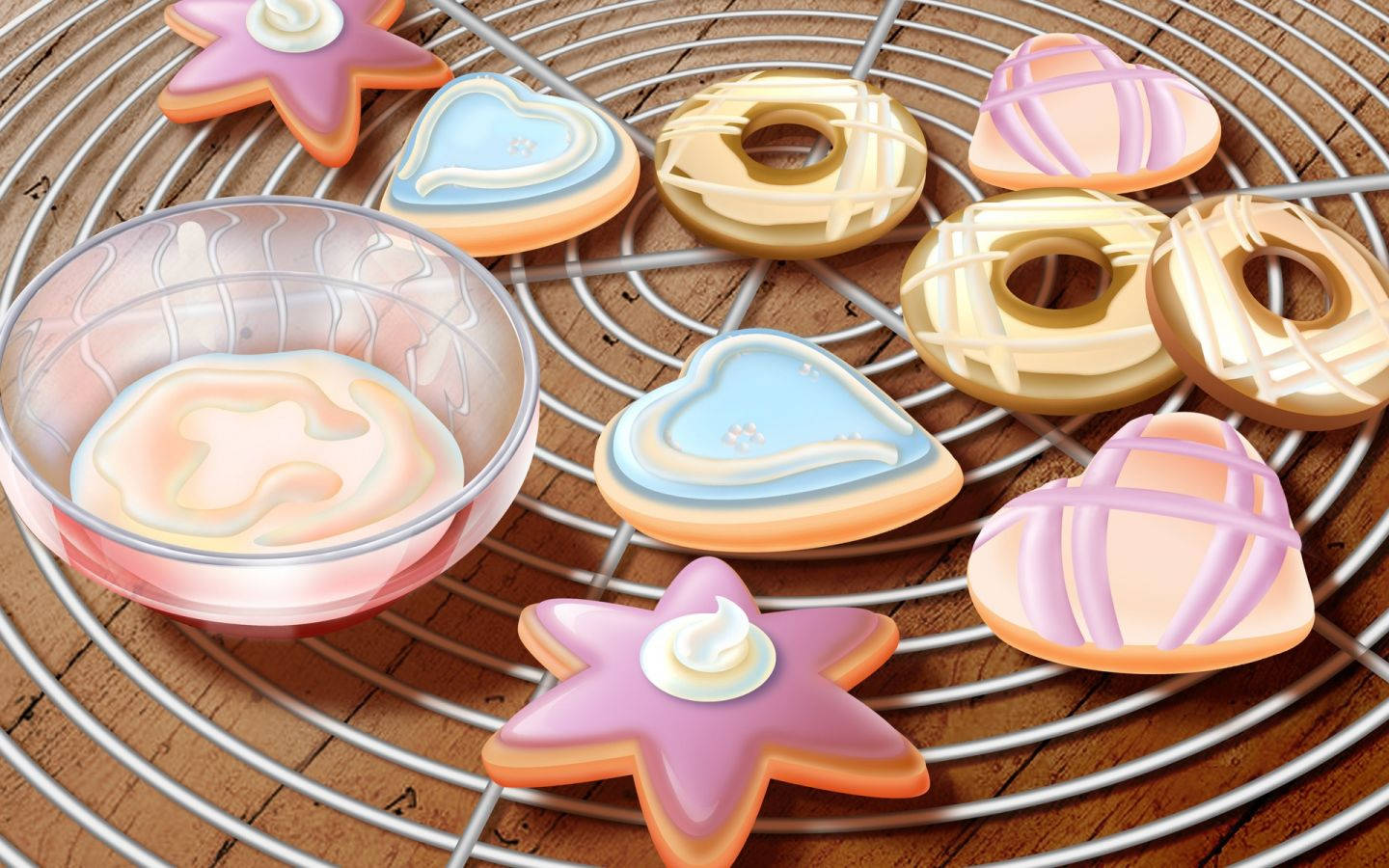 Cookies 桌布 壁紙 — 色彩繽紛的星星和心形餅乾，上面有糖霜，放在金屬架上，旁邊有一碗漩渦狀糖霜，置於木質表面上。
