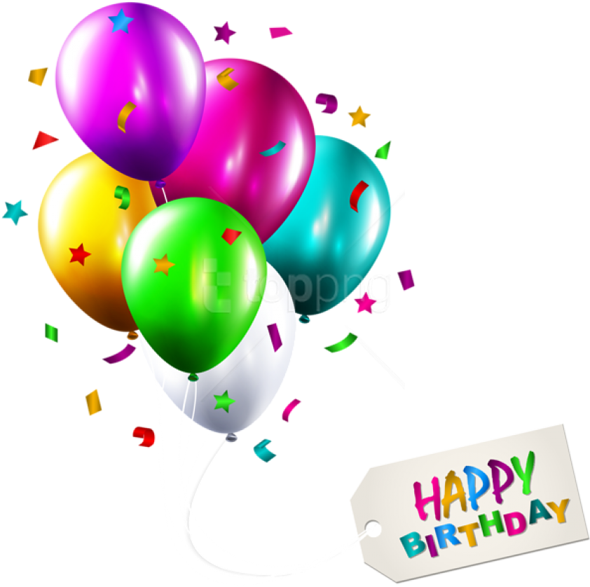 Happy Birthday Balloons 桌布 壁紙 — 色彩繽紛的星星圖案氣球和彩色紙屑漂浮在黑色背景上，旁邊有一個愉快的「Happy Birthday」標籤。