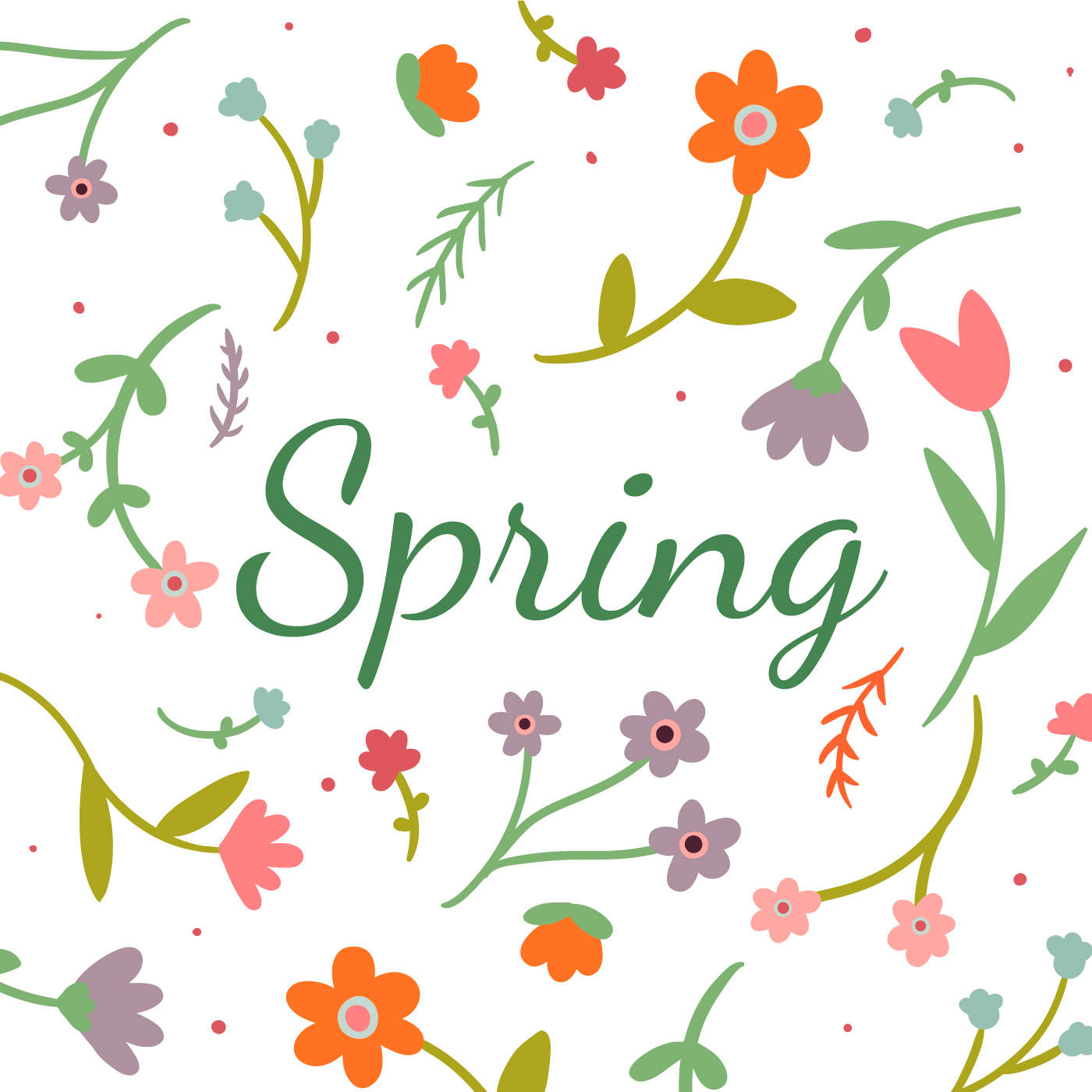 Cute Spring 桌布 壁紙 — 色彩繽紛的春天花朵以柔和色調盛開，圍繞著「春天」一詞，呈現歡樂的手繪風格。