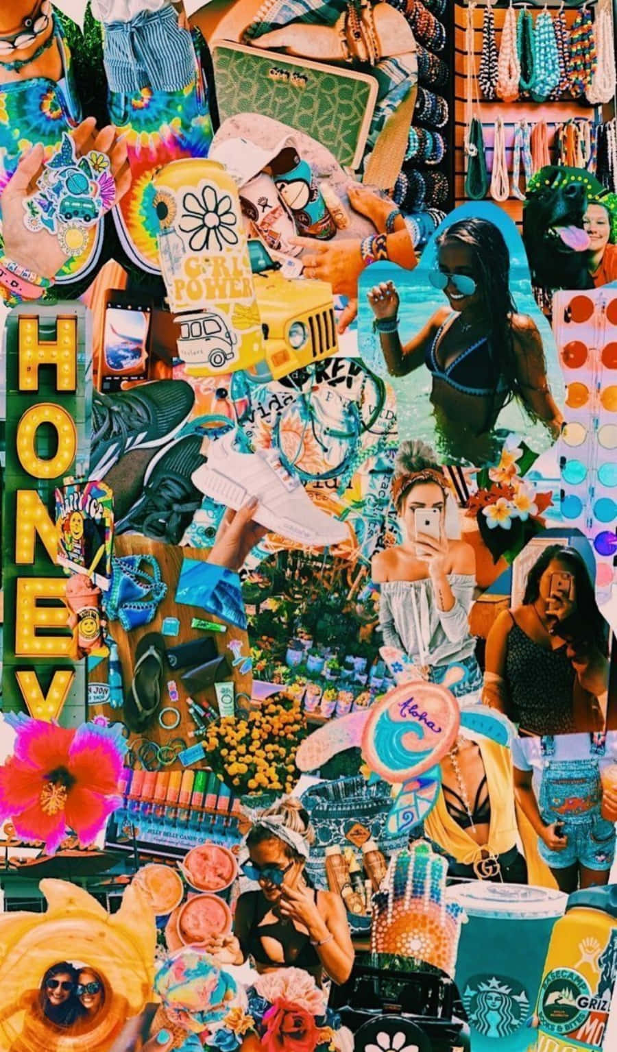 iPhone Collage 桌布 壁紙 — 色彩繽紛的時尚配件、食物和人物的生動拼貼，營造出混亂的年輕美學。