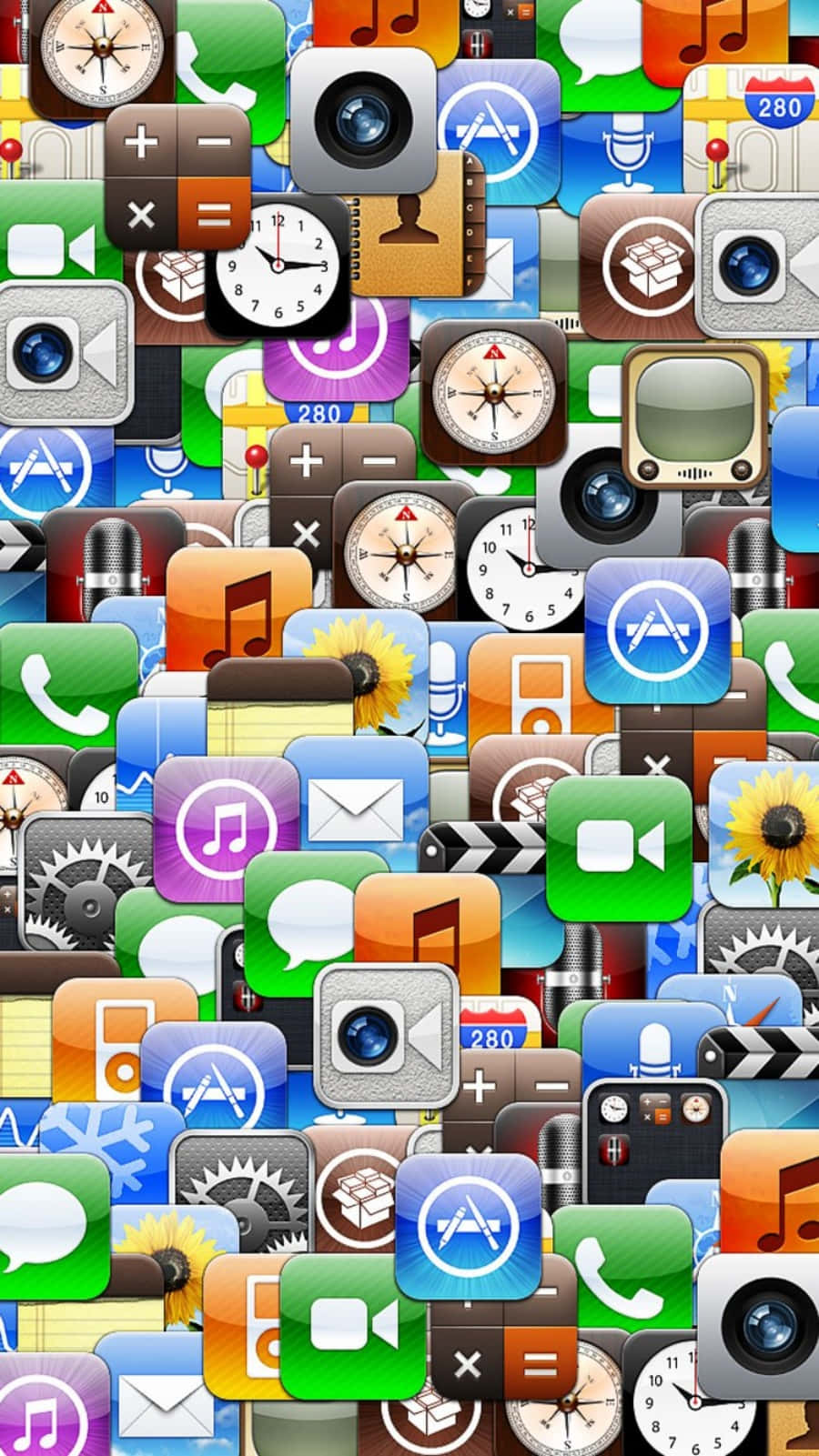iPhone 桌布 壁紙 — 色彩繽紛的智慧型手機應用程式圖示密集拼貼，在混亂的數位馬賽克中重疊。