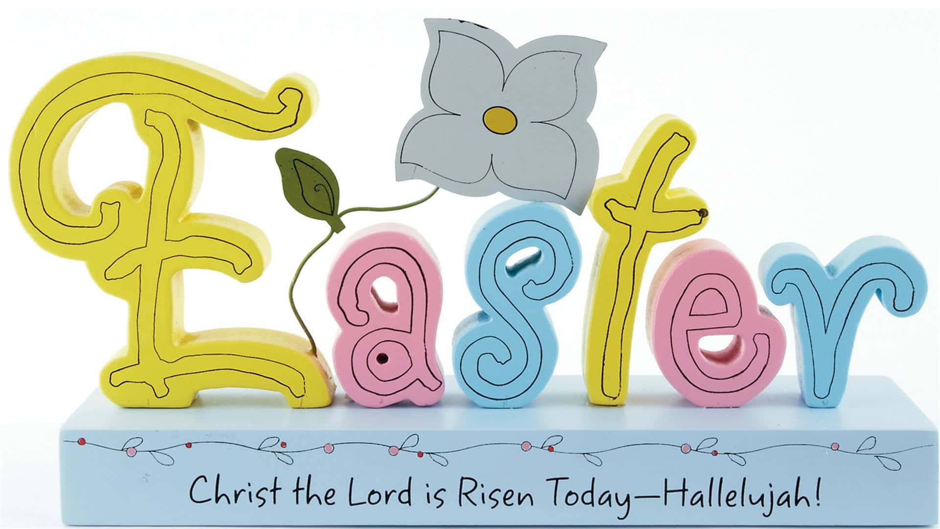 Religious Easter 桌布 壁紙 — 色彩繽紛的木製復活節字母，頂部有灰色花朵，藍色底座上寫著「基督主今日復活，哈利路亞」。