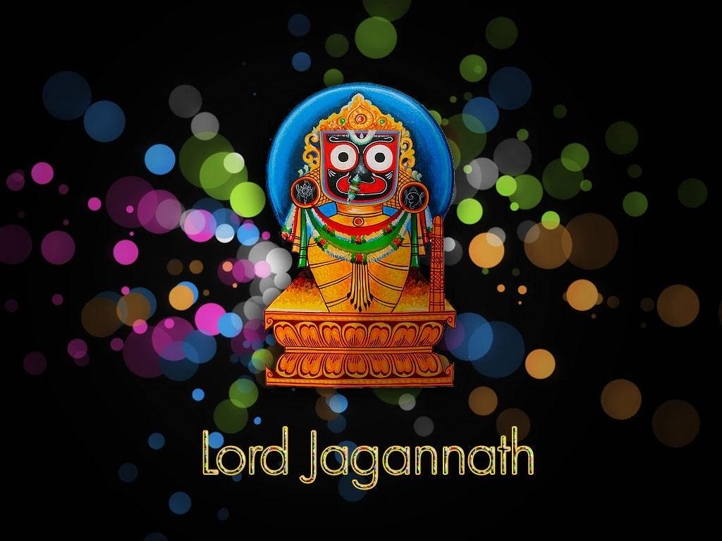 Jagannath 桌布 壁紙 — 色彩繽紛的札格納特神像坐在華麗的基座上，背景黑暗，帶有彩色散景燈光。