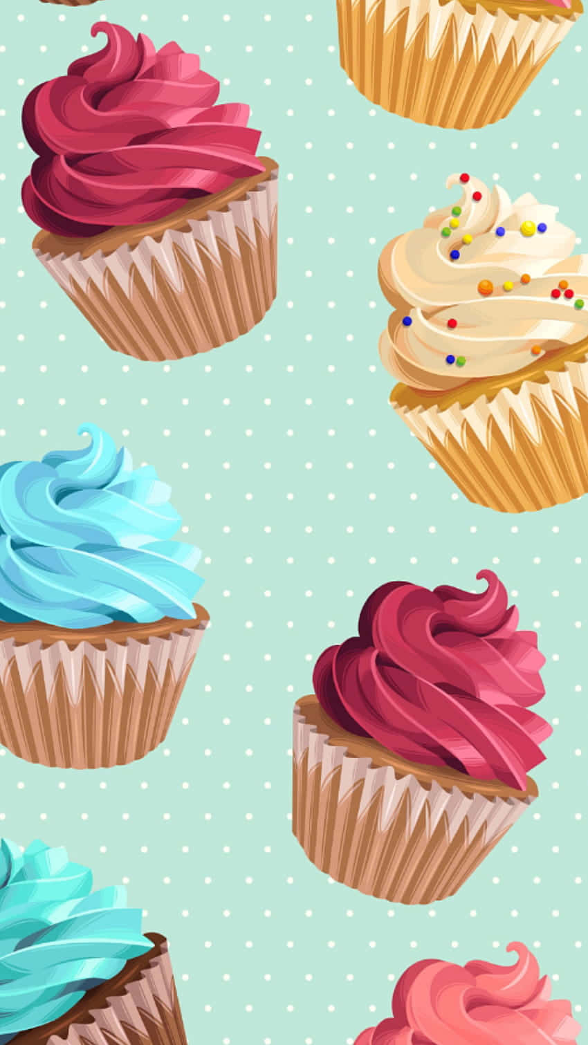 Cute Cupcake 桌布 壁紙 — 色彩繽紛的杯子蛋糕，帶有漩渦狀糖霜和彩色糖粒，漂浮在薄荷綠圓點背景上。