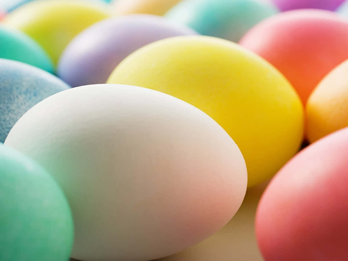 Pastel Easter 桌布 壁紙 — 色彩繽紛的柔和色調雞蛋特寫，帶有柔和漸變和光滑質感，以淺景深排列。