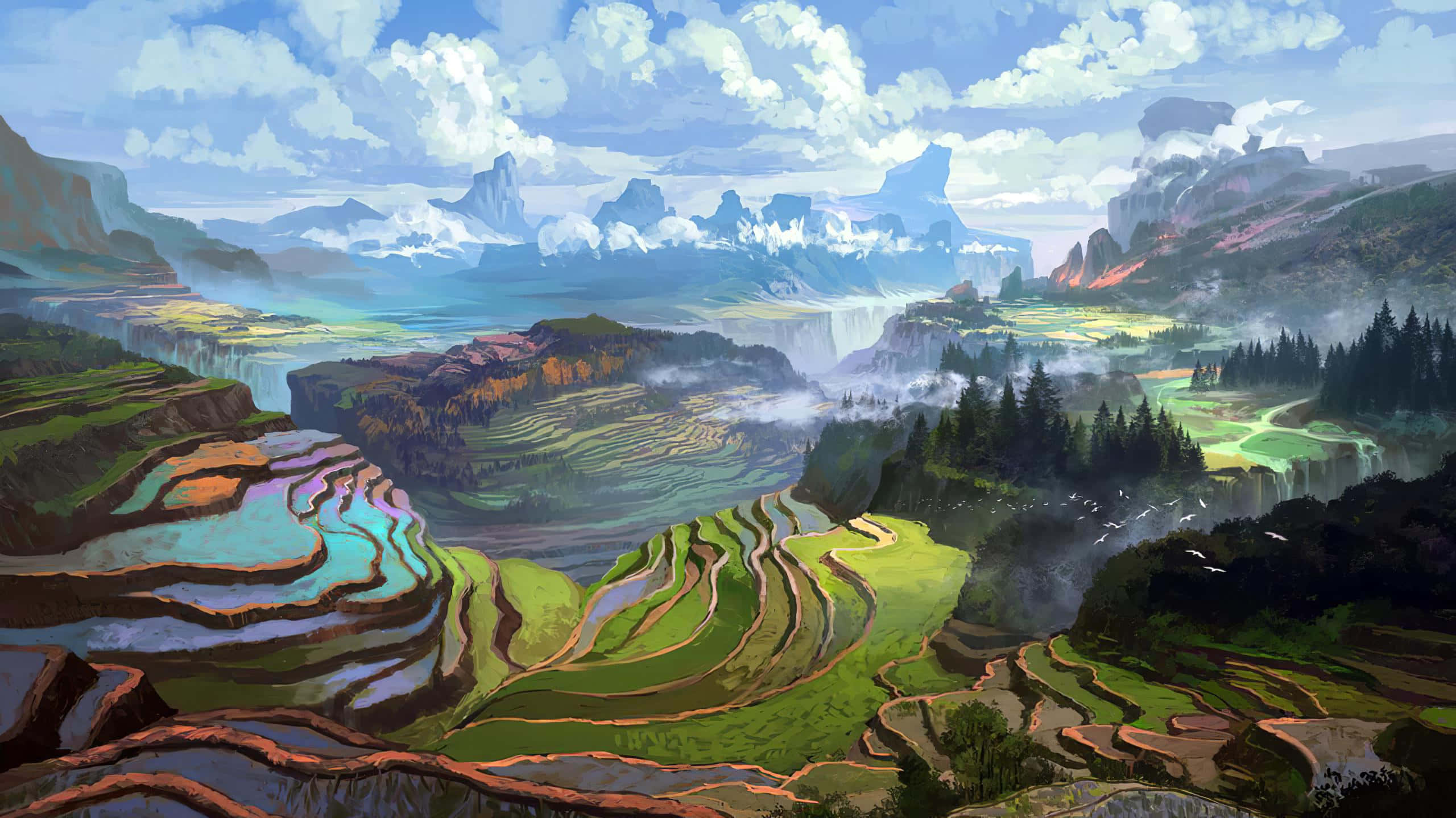 風景 桌布 壁紙 — 色彩繽紛的梯田沿著霧氣繚繞的山脈層層疊疊，在明亮的陰天天空下，遠處有白雪覆蓋的山峰。