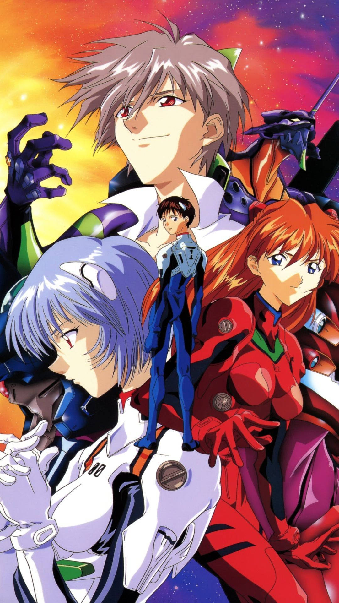 Evangelion Phone 桌布 壁紙 — 色彩繽紛的機甲服動漫角色站在充滿活力的宇宙日落背景下。