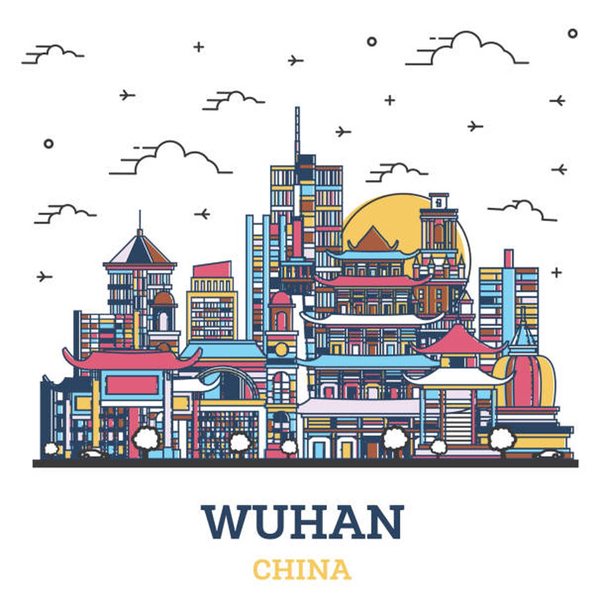 Wuhan 桌布 壁紙 — 色彩繽紛的武漢天際線，融合傳統寶塔與現代摩天大樓，在陽光明媚的天空下展現。