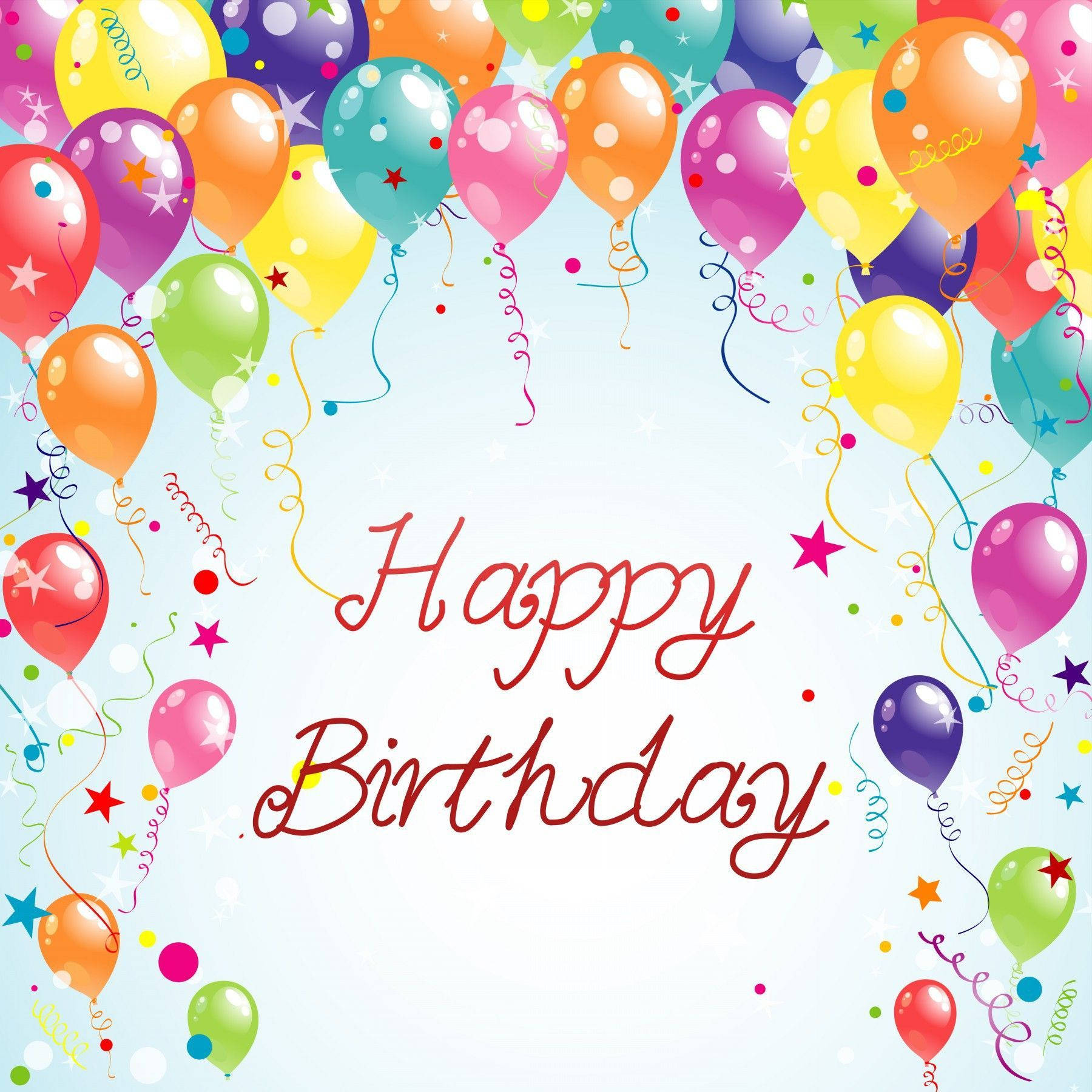 Birthday 桌布 壁紙 — 色彩繽紛的氣球和五彩紙屑圍繞著一個愉快的「Happy Birthday」訊息，背景為淺藍色。