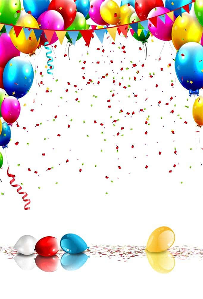 Birthday 桌布 壁紙 — 色彩繽紛的氣球和五彩紙屑在純白背景上框出節日慶祝的畫面。