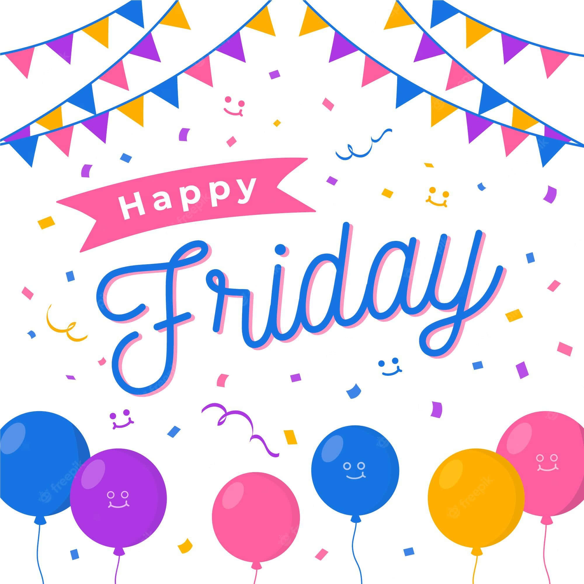 Friday 桌布 壁紙 — 色彩繽紛的氣球和彩旗，在白色背景上以笑臉和五彩紙屑慶祝快樂星期五。