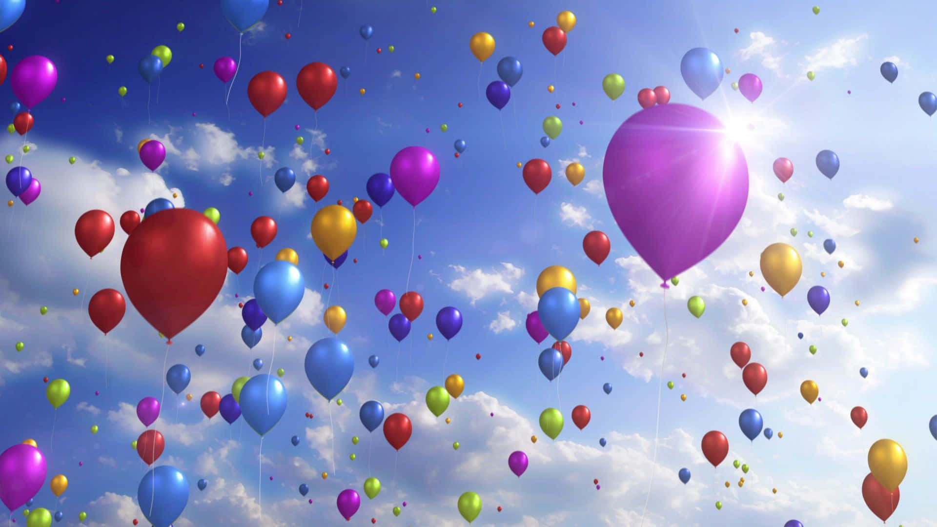 Balloon 桌布 壁紙 — 色彩繽紛的氣球在明亮的藍天中歡快地飄浮，伴隨著蓬鬆的白雲和燦爛的太陽。