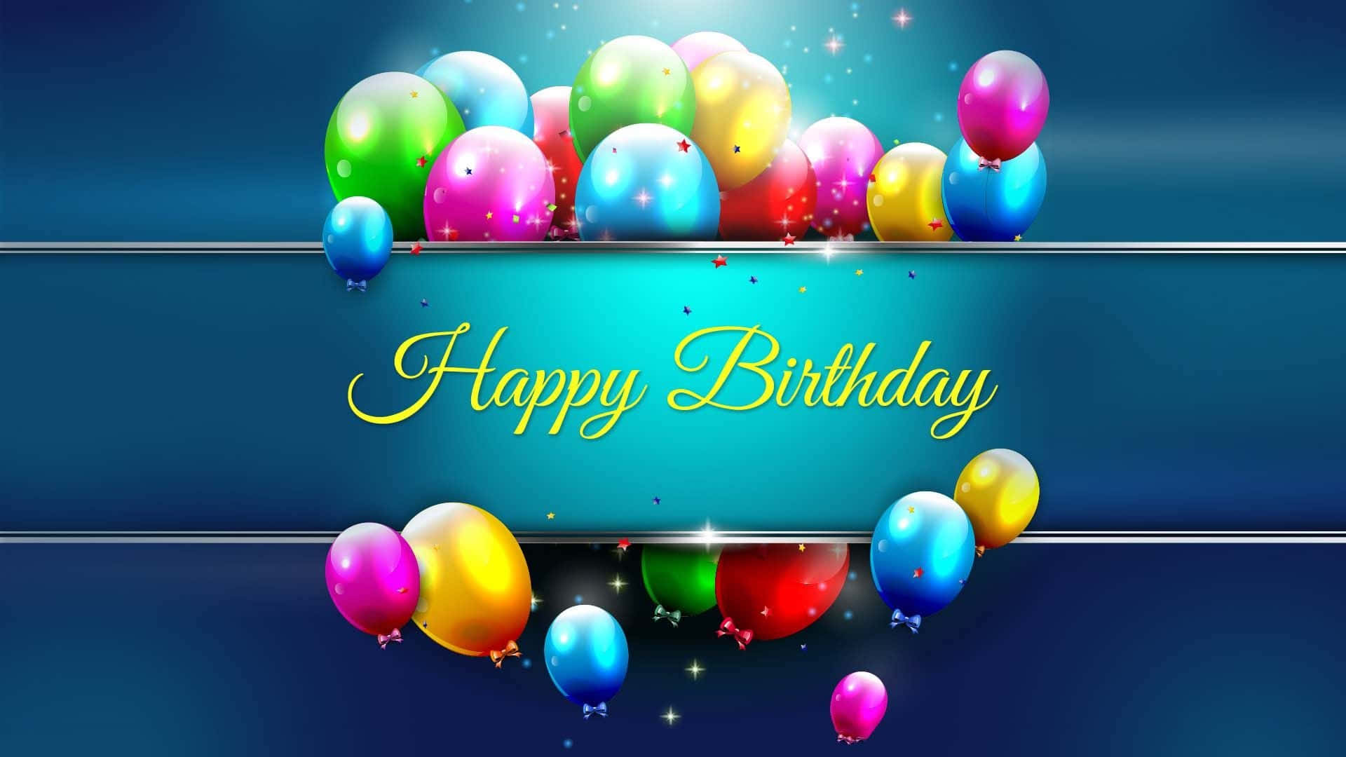 Birthday Wishes 桌布 壁紙 — 色彩繽紛的氣球漂浮在一個青綠色橫幅周圍，橫幅上以金色草書寫著 Happy Birthday，背景為深藍色漸變。