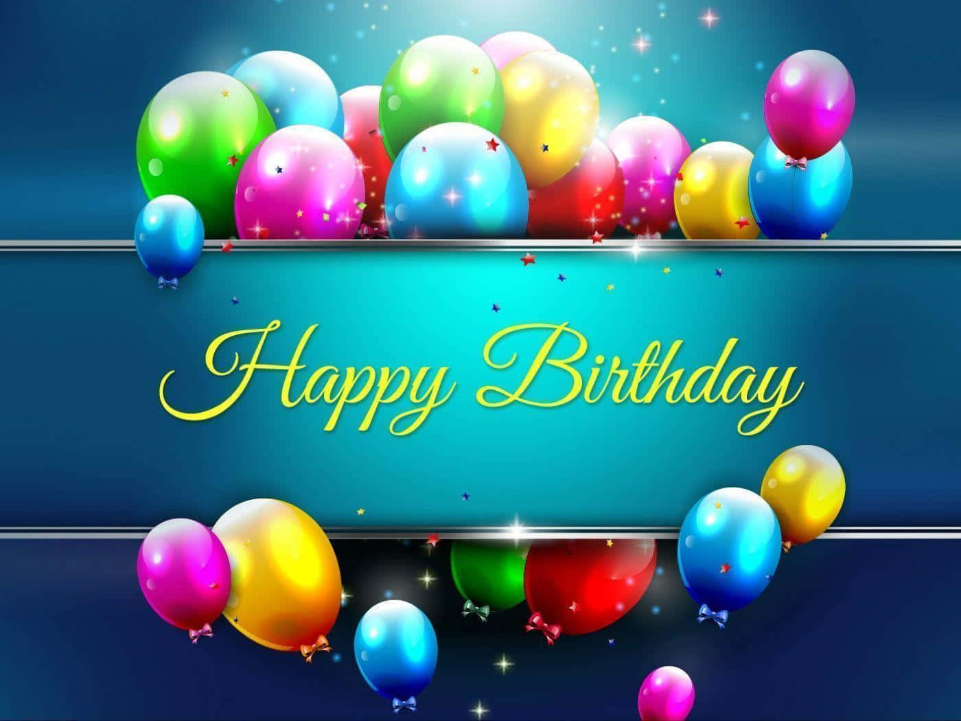 生日快樂 桌布 壁紙 — 色彩繽紛的氣球漂浮在金色 'Happy Birthday' 橫幅周圍，背景是閃爍的藍色漸變。