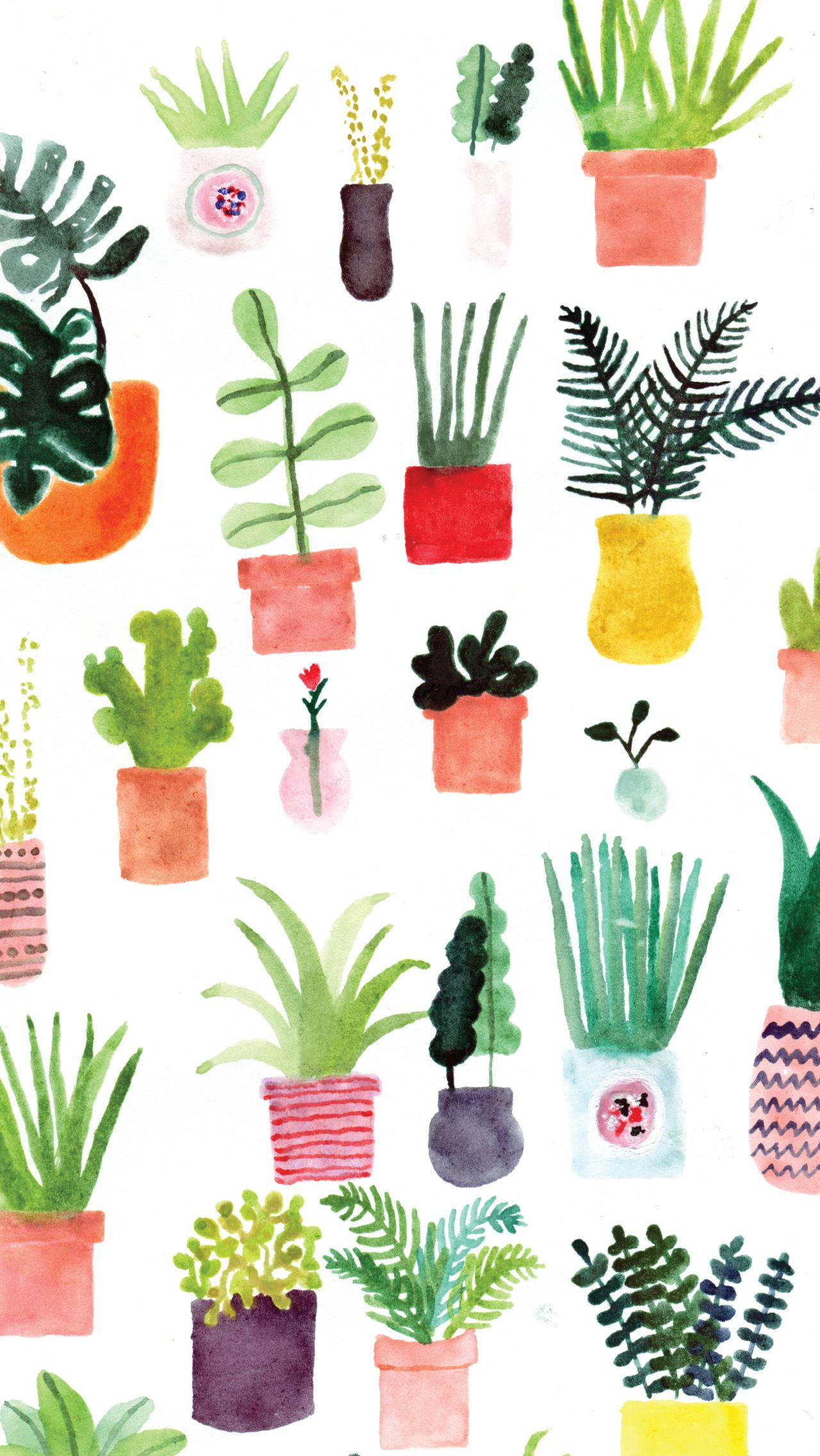 Plants iPhone 桌布 壁紙 — 色彩繽紛的水彩插圖，展示各種盆栽植物，以歡樂圖案排列在彩色花盆中。