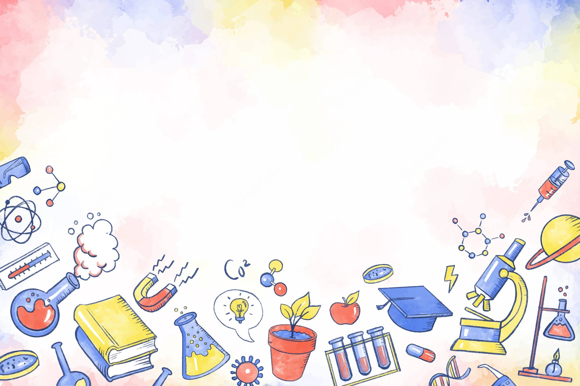 Education 桌布 壁紙 — 色彩繽紛的水彩背景，散落著手繪的科學圖標，如燒杯、顯微鏡和書籍。