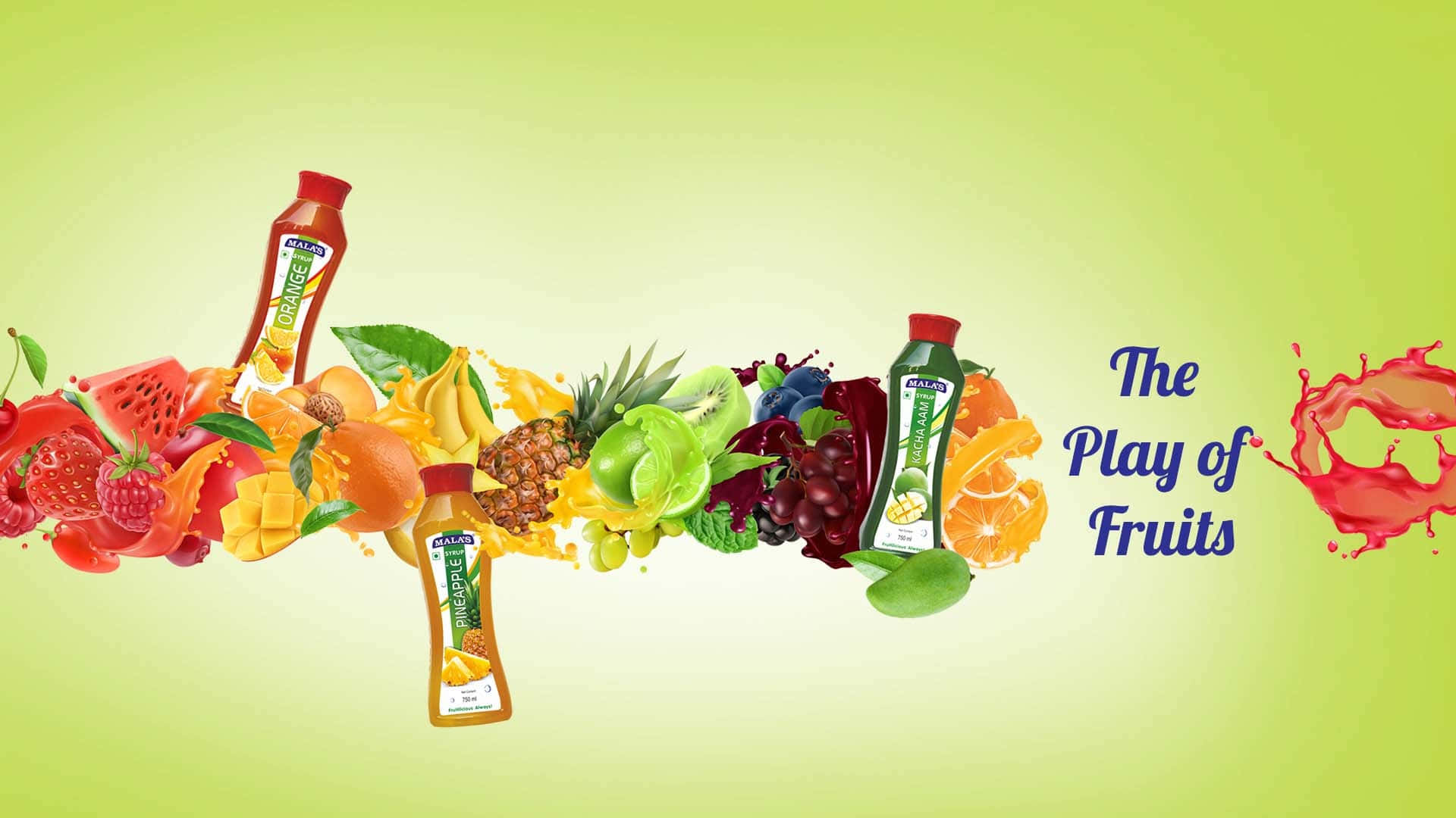 Fruits 桌布 壁紙 — 色彩繽紛的水果和果汁瓶在柔和的綠色漸變背景上流動的充滿活力的爆炸效果。