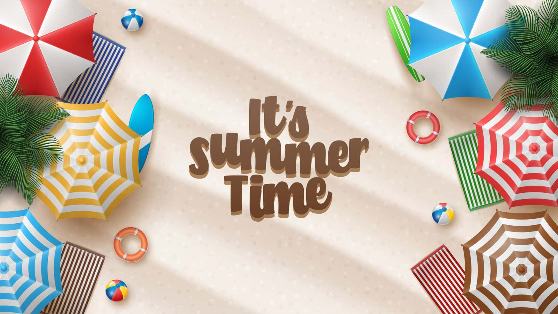 1920x1080 Summer 桌布 壁紙 — 色彩繽紛的沙灘傘和玩具圍繞著粗體文字 'It's summer Time' 排列在沙灘背景上。