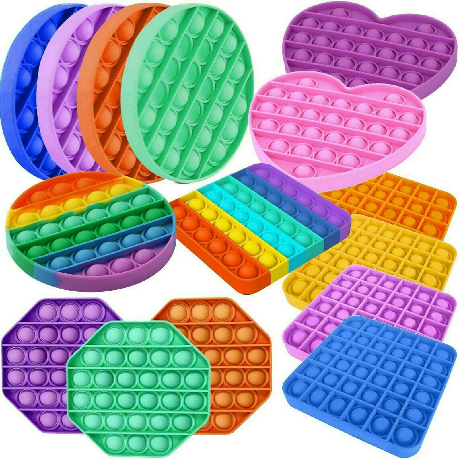 Fidget 桌布 壁紙 — 色彩繽紛的泡泡減壓玩具系列，包括圓形、心形和方形，排列在白色背景上。