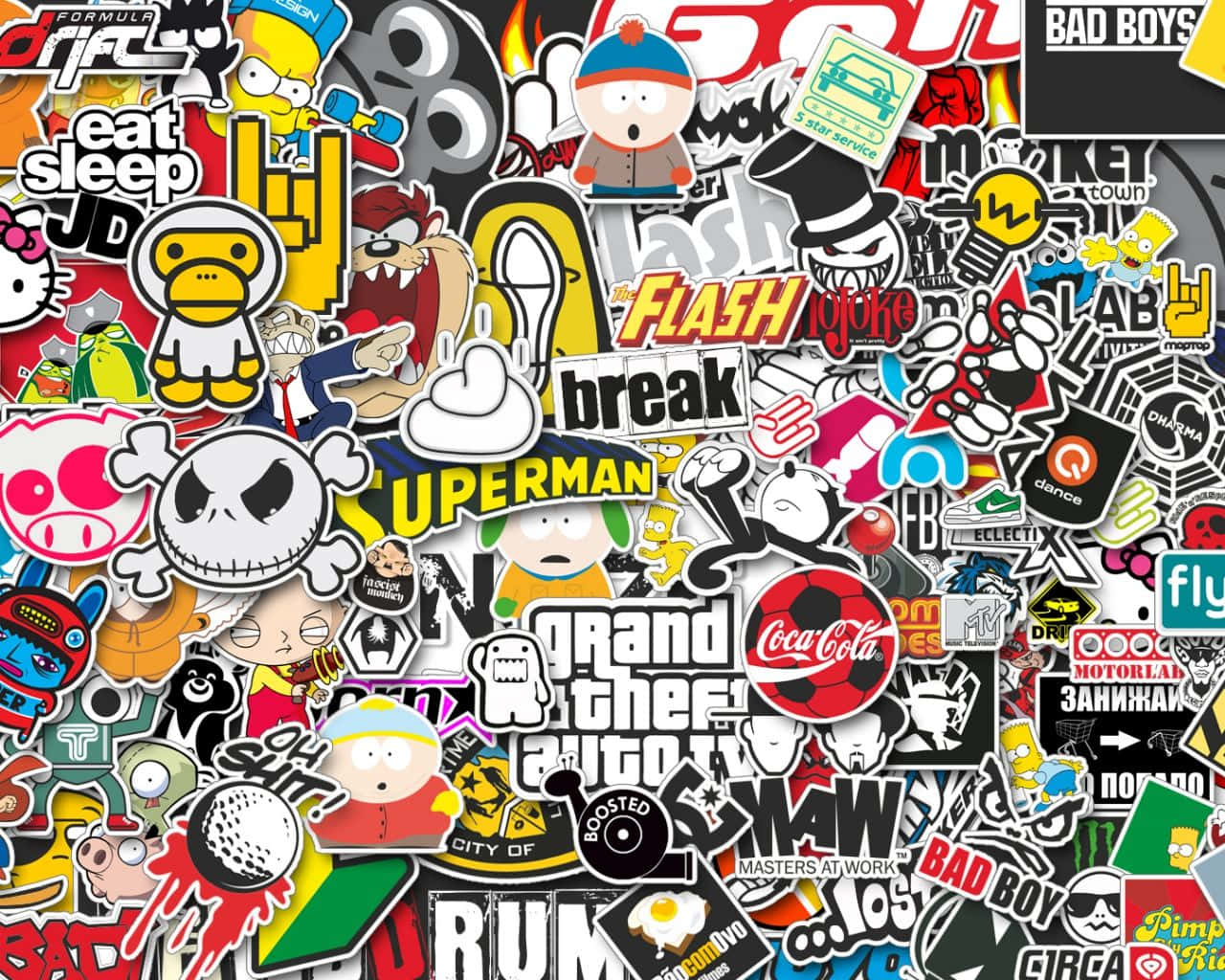 Cute Stickers 桌布 壁紙 — 色彩繽紛的流行文化貼紙混亂拼貼，卡通角色、標誌和短語密集重疊。